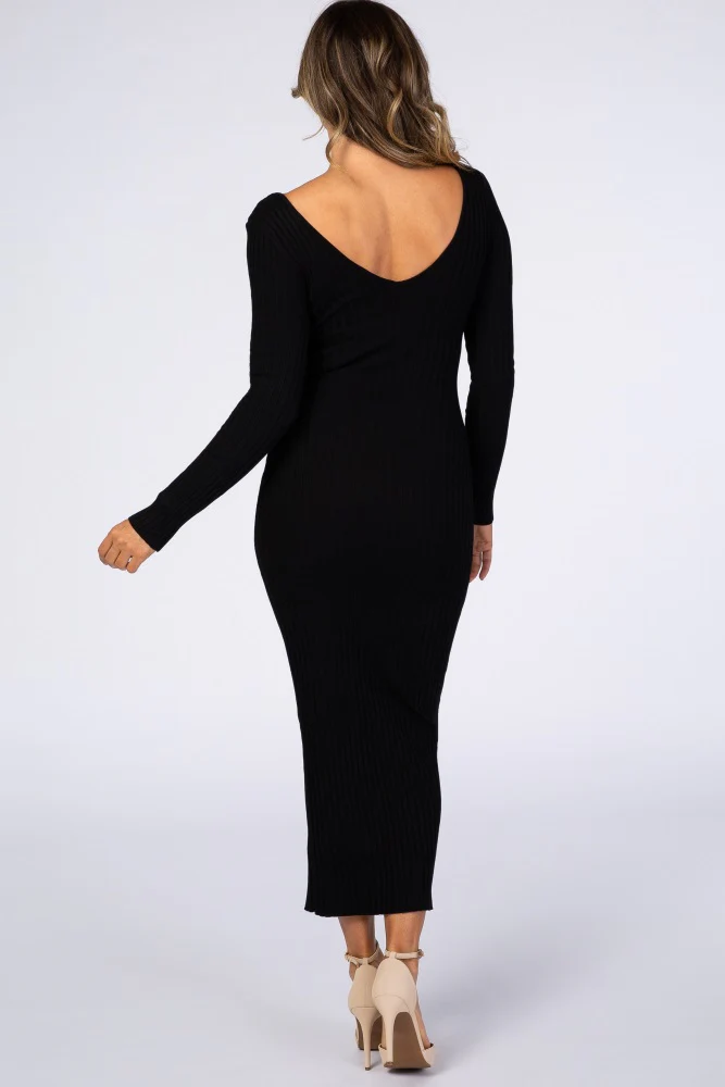 Black V-Neck Long Sleeve Fitted Maxi Dress - Image 6