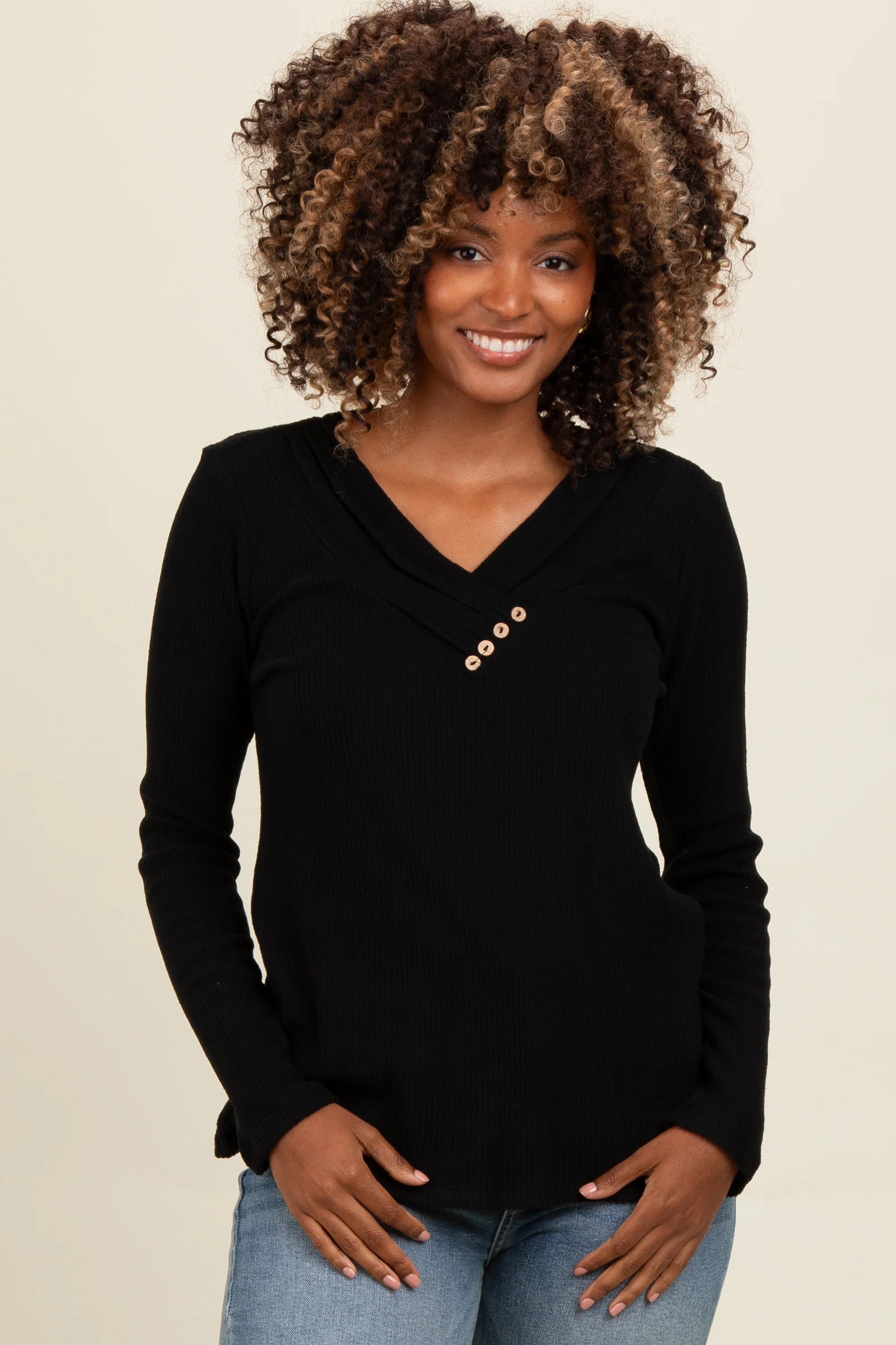 Black V-Neck Long Sleeve Top