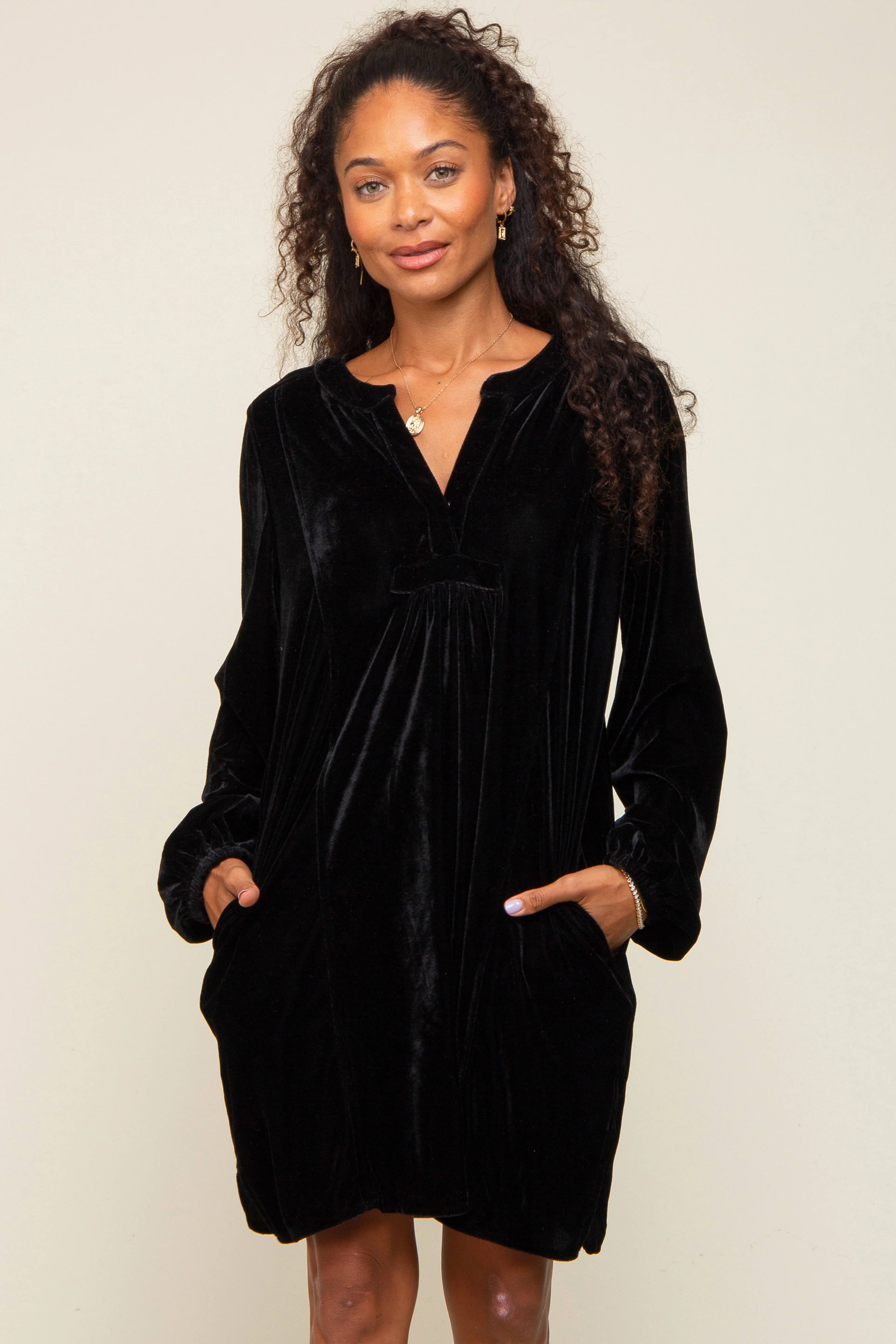 Black V-Neck Velvet Maternity Dress - Image 6