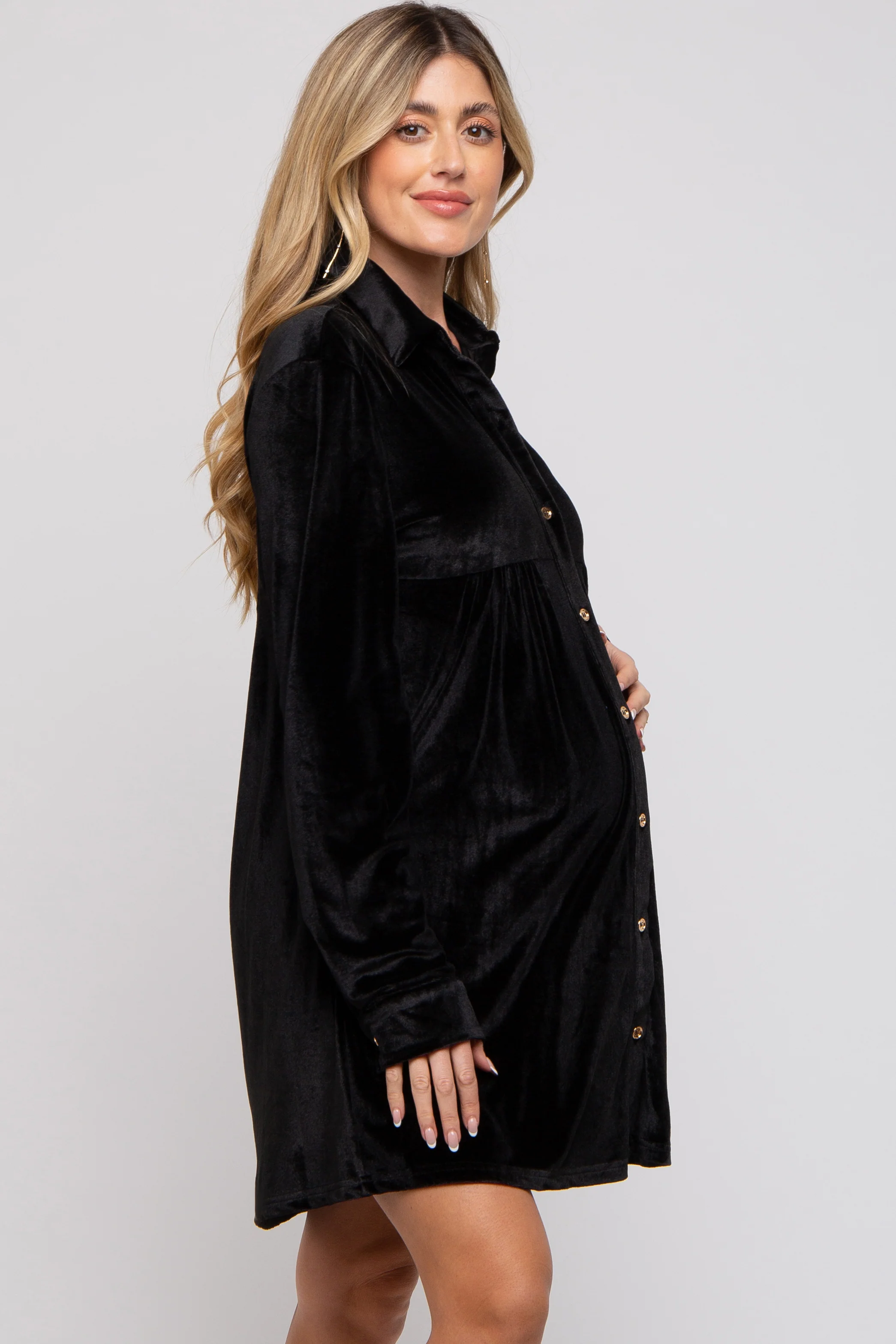 Black Velvet Button Down Maternity Dress - Image 3