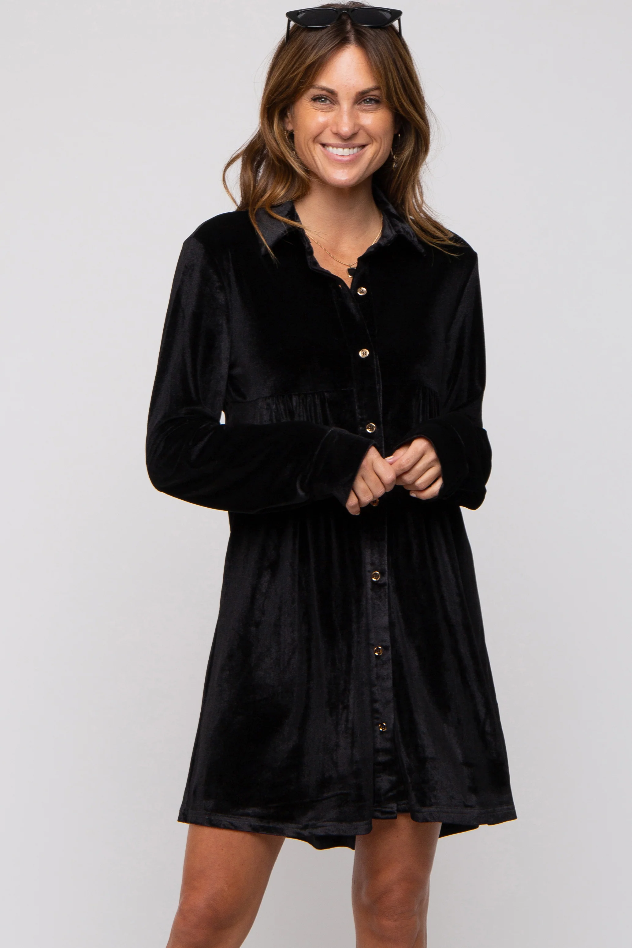 Black Velvet Button Down Maternity Dress - Image 6