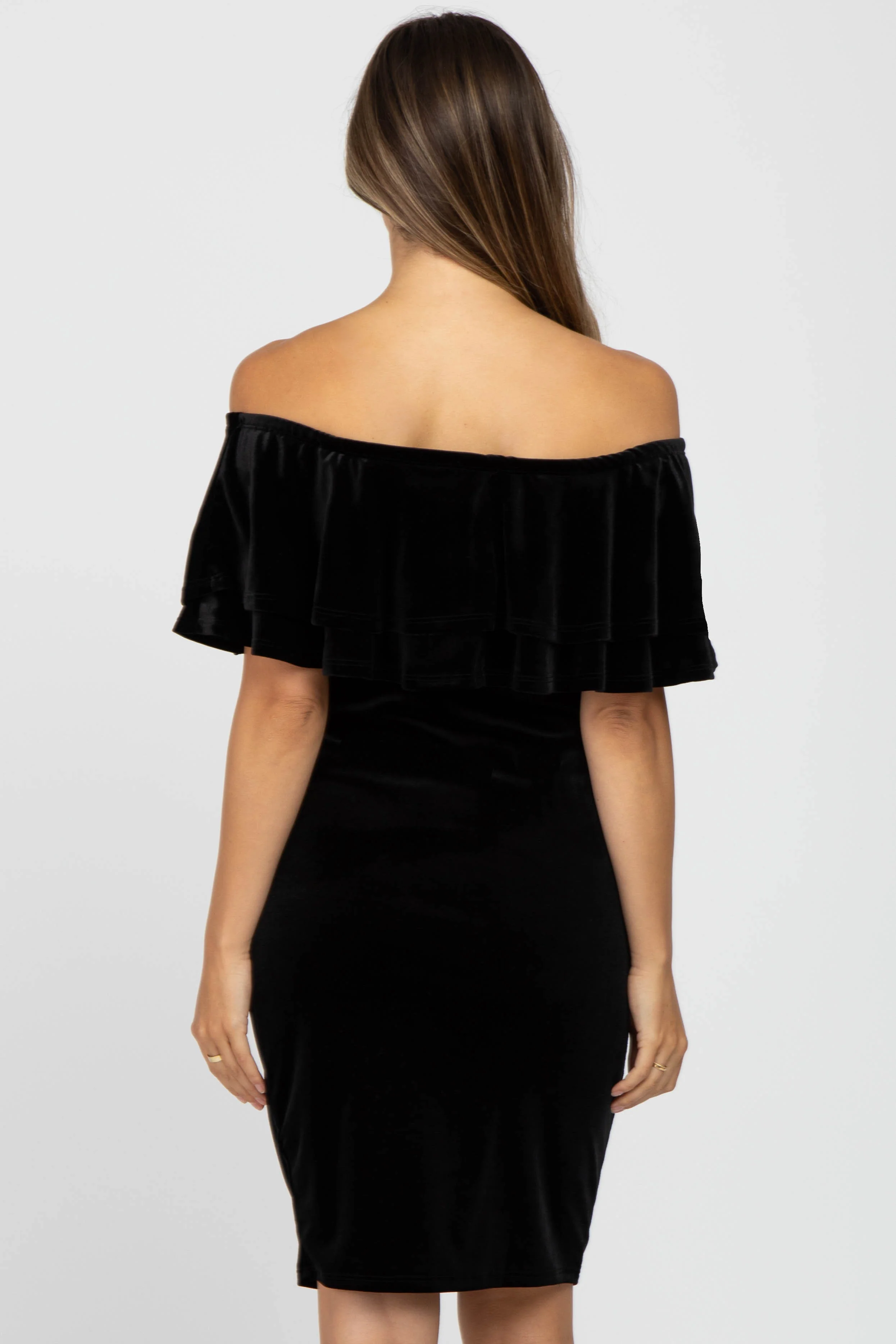 Black Velvet Off Shoulder Fitted Maternity Dress - Image 3