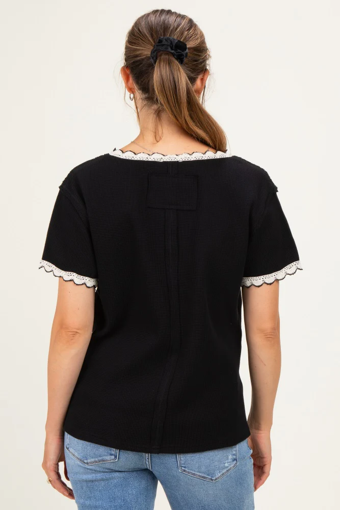 Black Waffle Knit Crochet Trim Maternity Top - Image 3