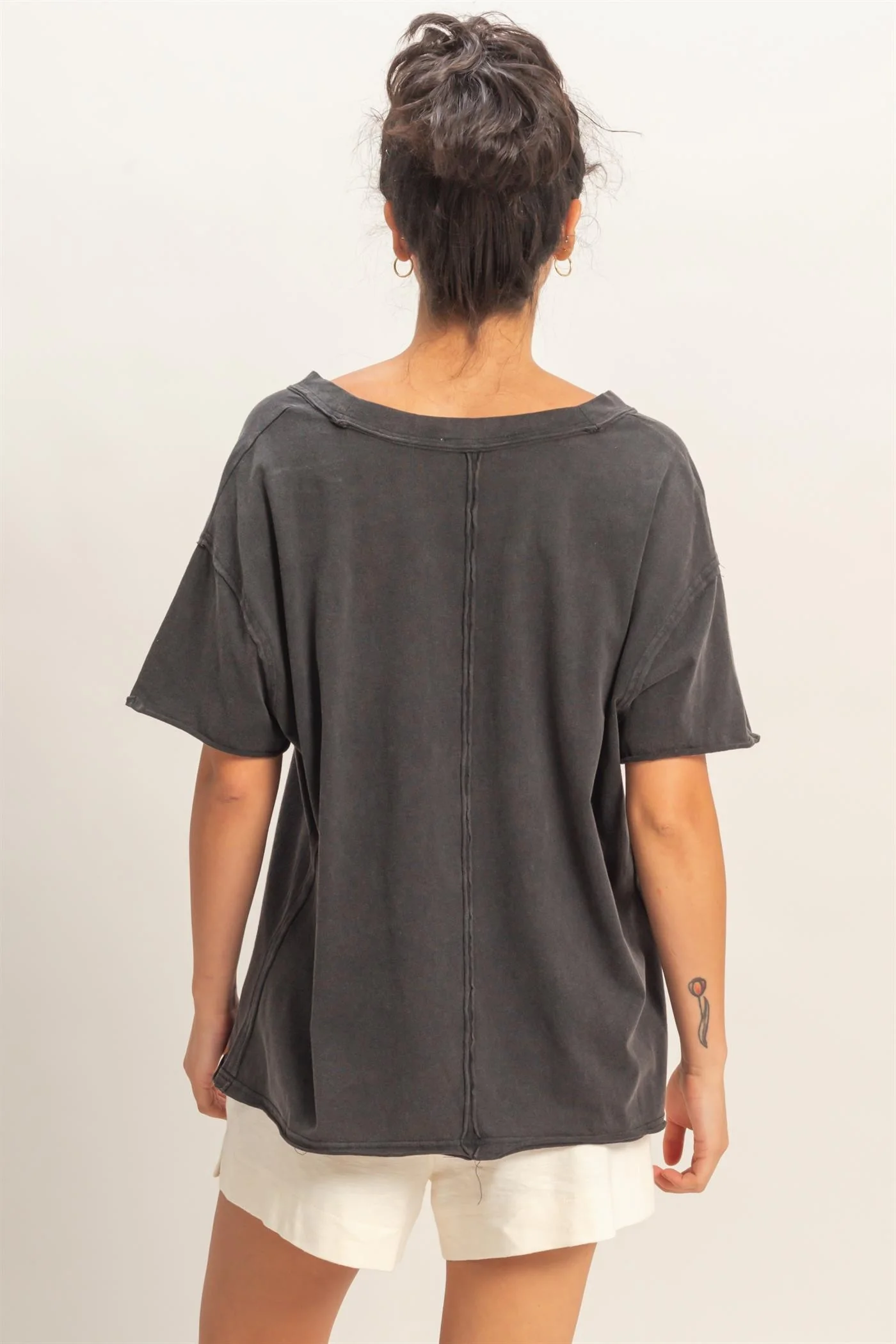Black Washed V-Neck Oversized Tee - Image 3