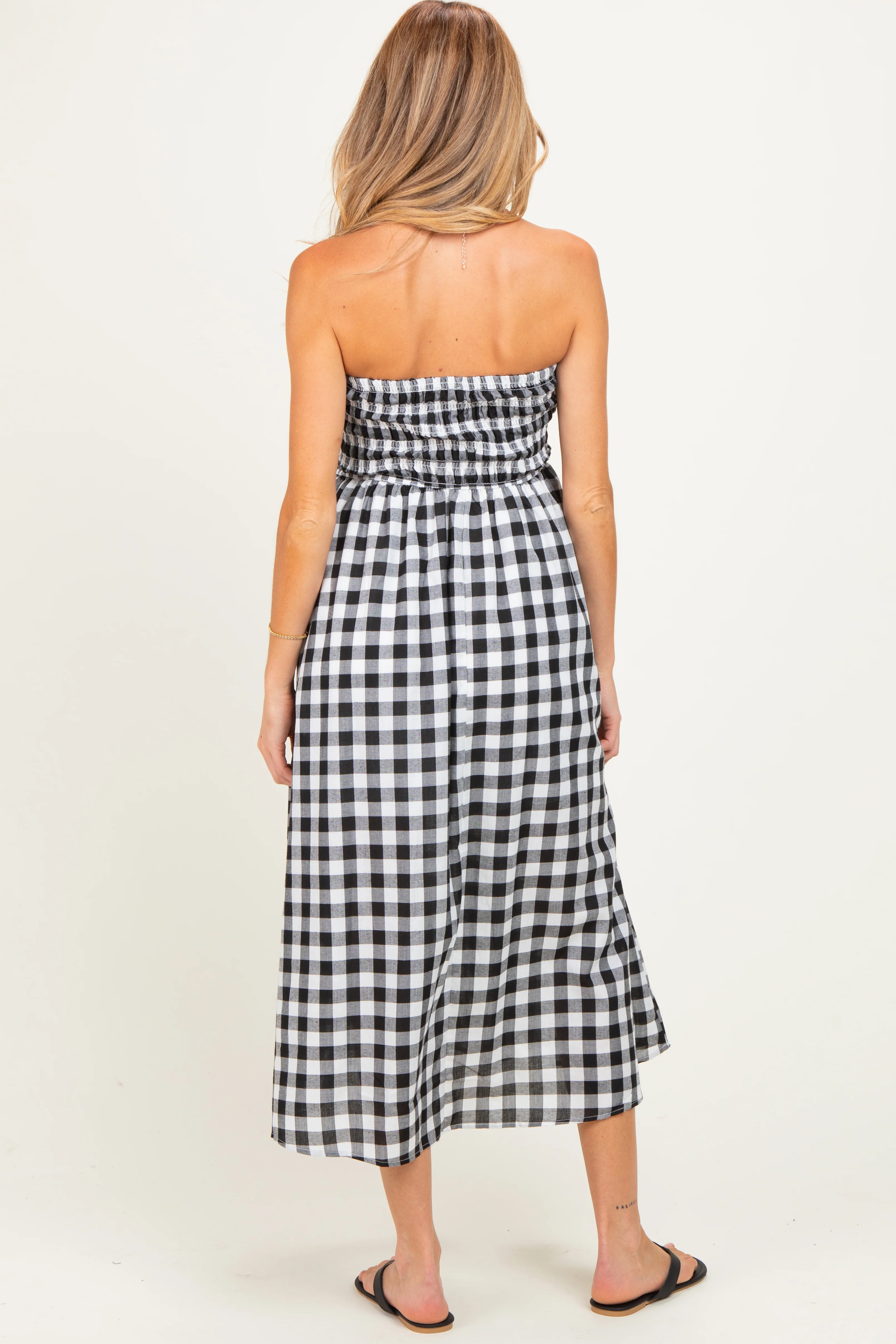 Black White Plaid Strapless Smocked Maternity Midi Dress - Image 3