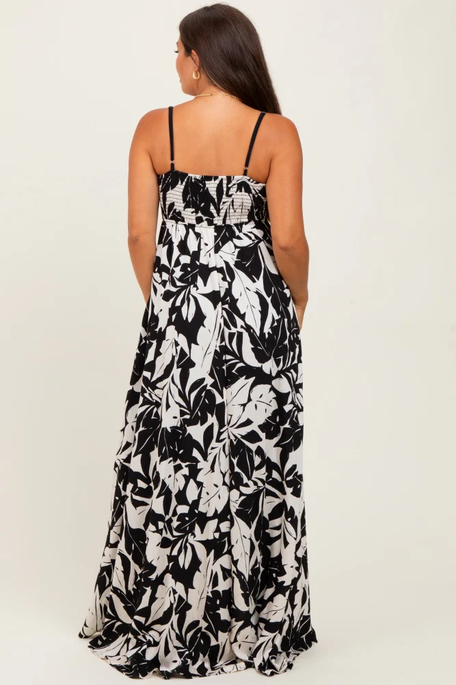 Black/ White Vintage Floral Smocked Top Sleeveless Maternity Maxi Dress - Image 4