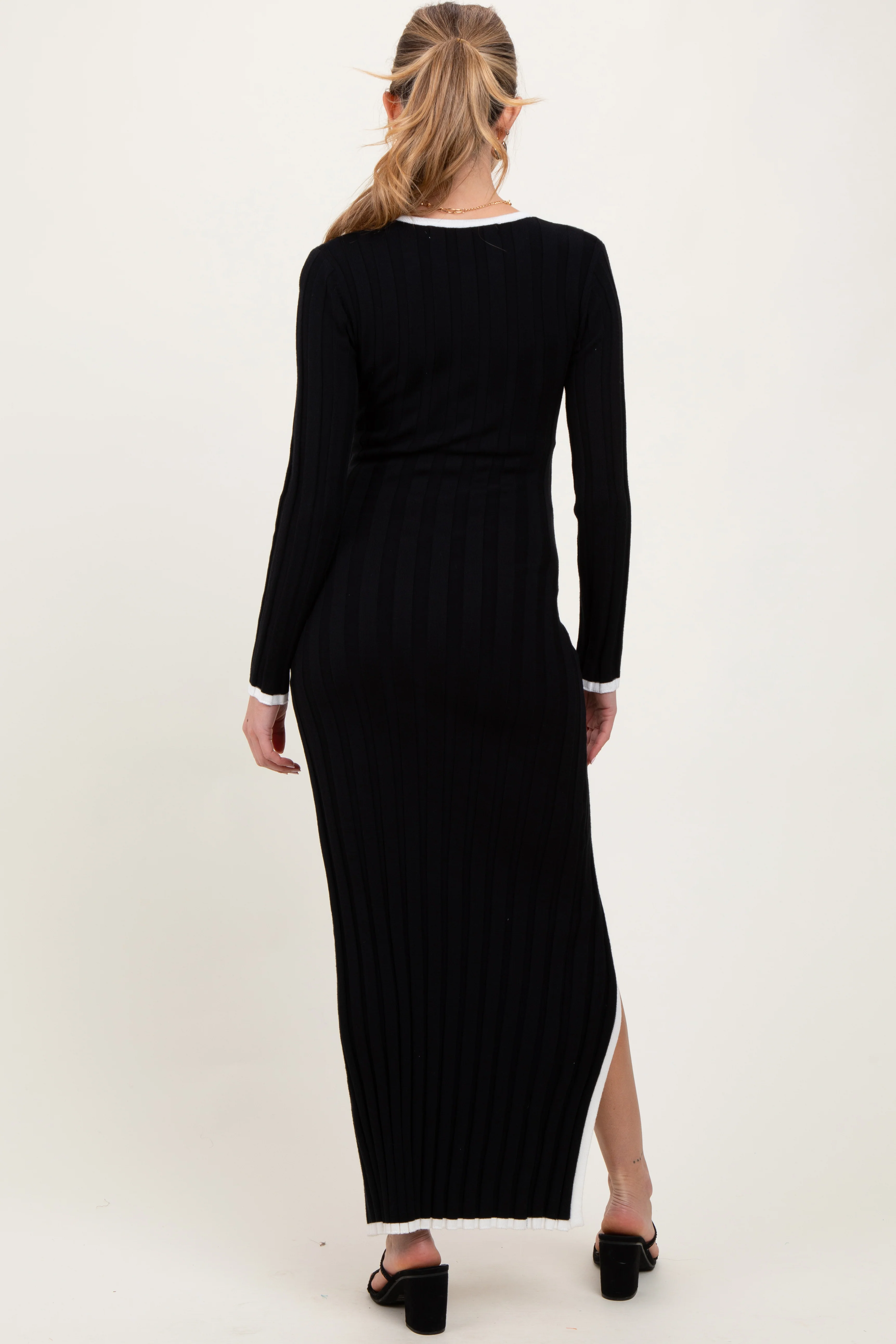 Black Wide Ribbed Knit Side Slit Maternity Maxi Dress - Image 4