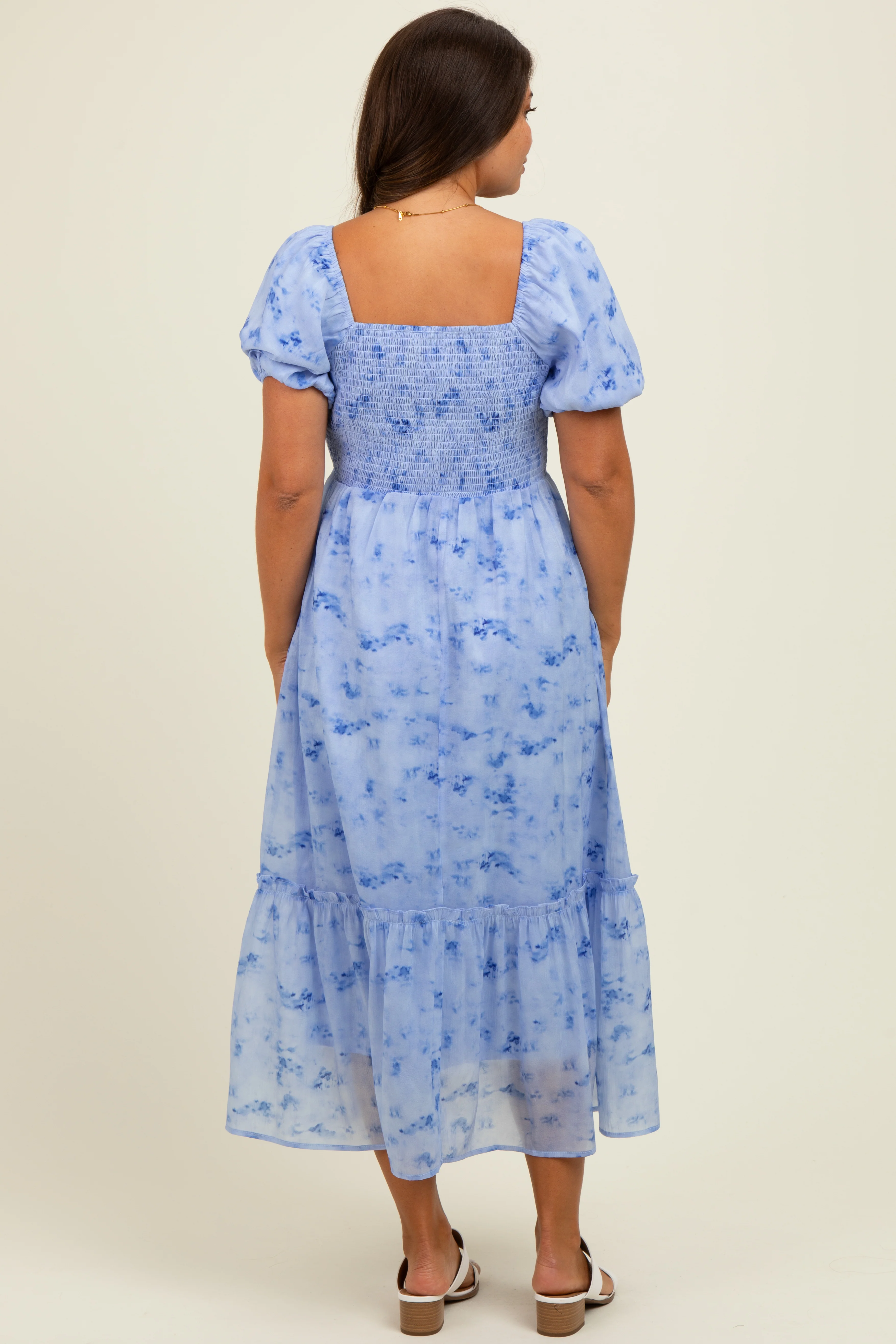 Blue Abstract Puff Sleeve Ruffle Detail Maternity Midi Dress - Image 3