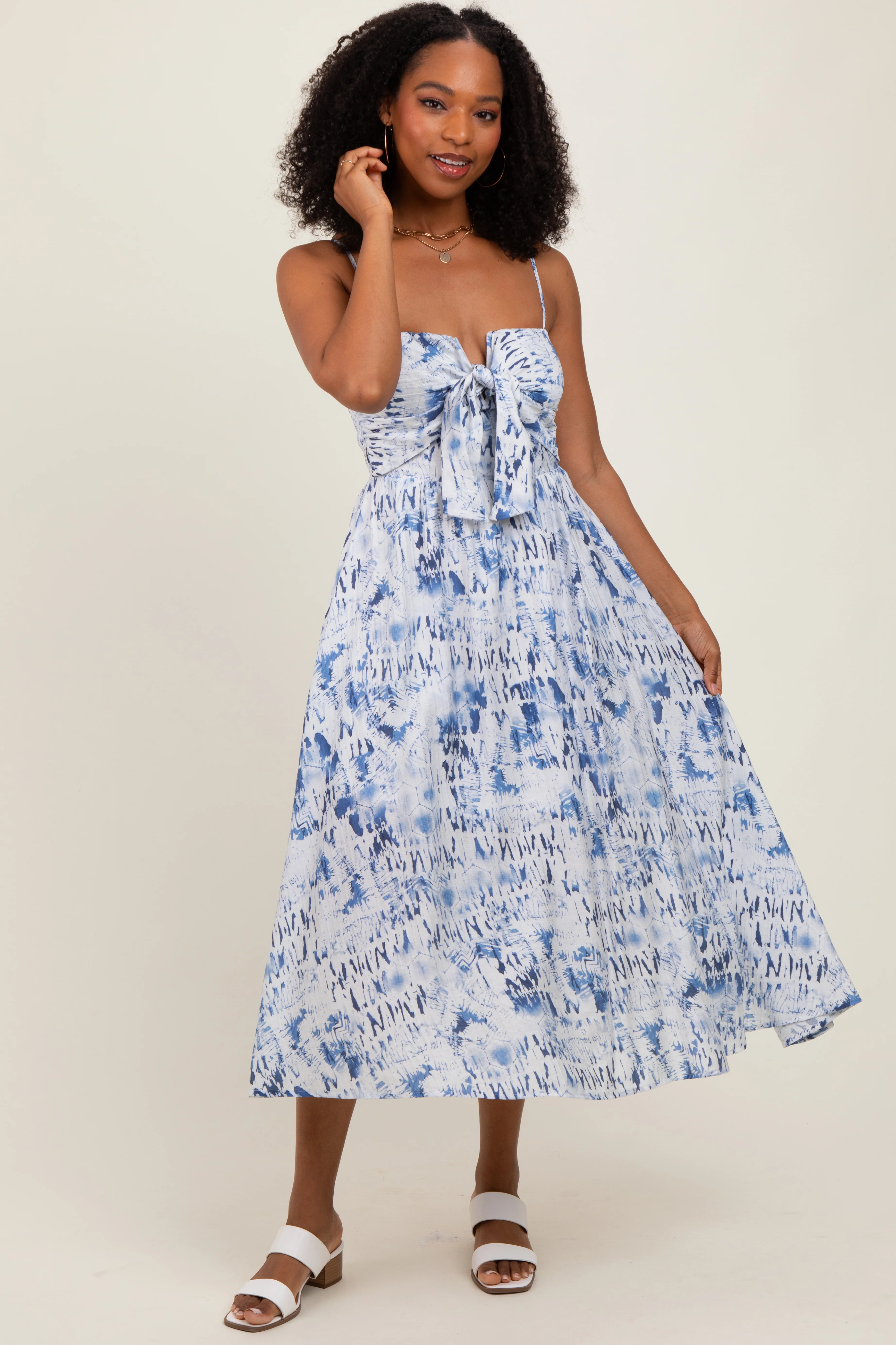Blue Adjustable Strap Tie Front Maternity Midi Dress - Image 4