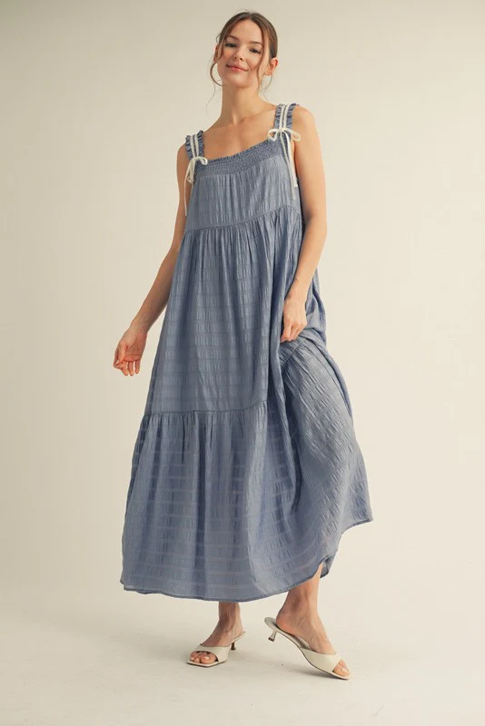Blue Bow Tie Accent Tiered Maxi Dress - Image 2