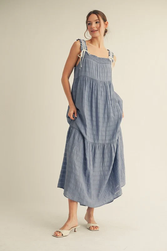 Blue Bow Tie Accent Tiered Maxi Dress - Image 3