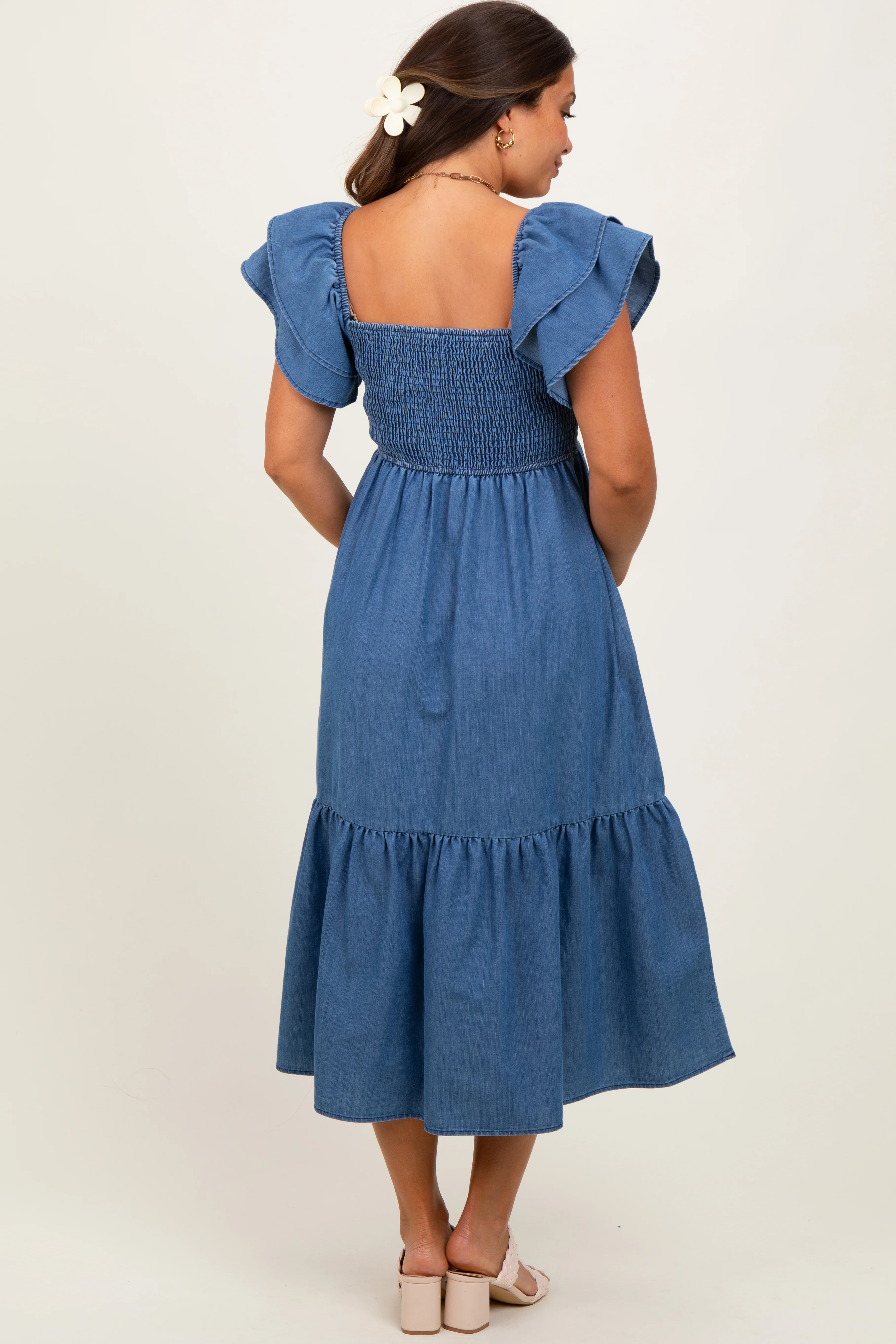 Blue Chambray Smocked Flutter Sleeve Maternity Dress - Image 3
