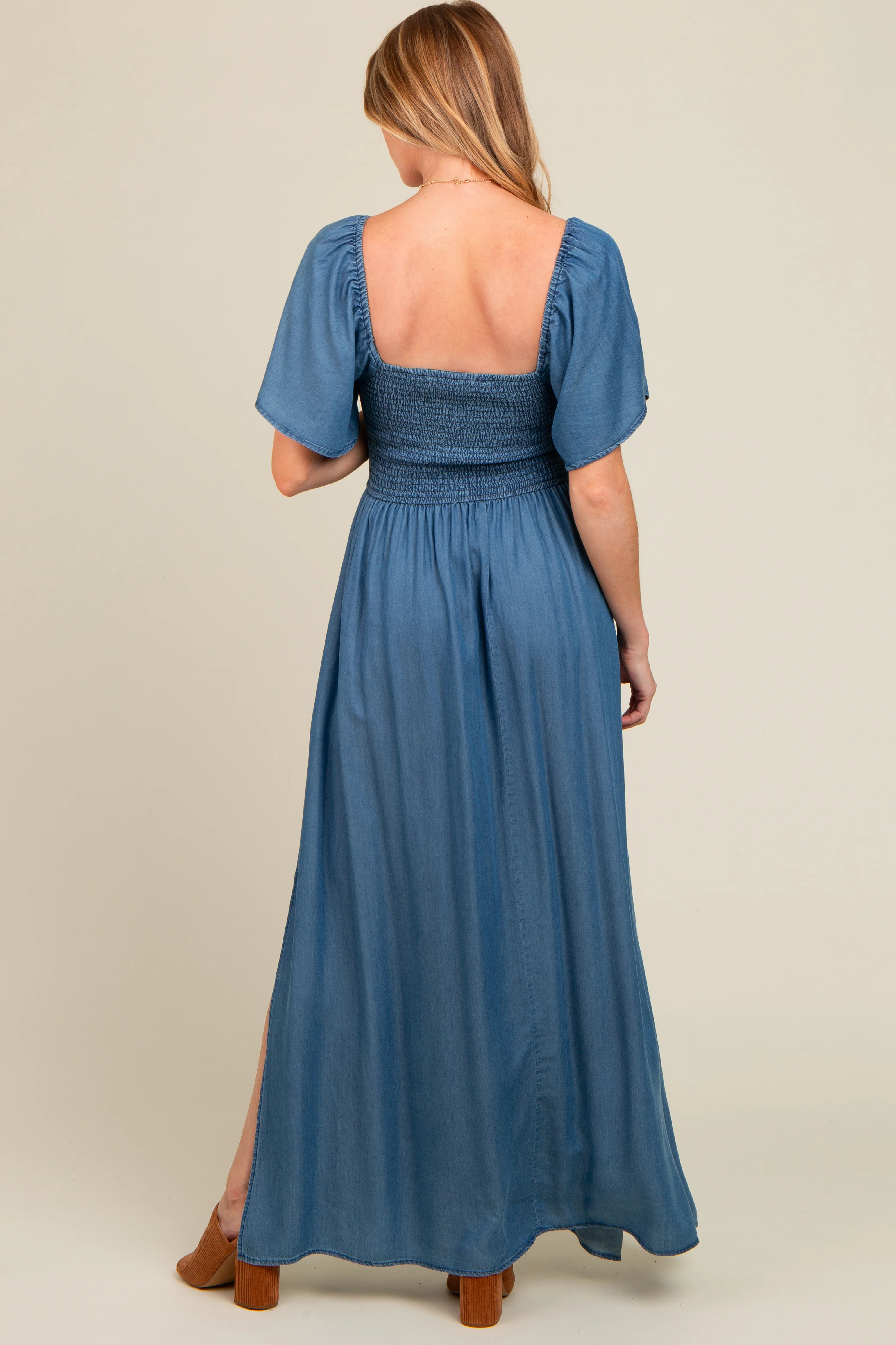 Blue Chambray Smocked Maternity Maxi Dress - Image 3