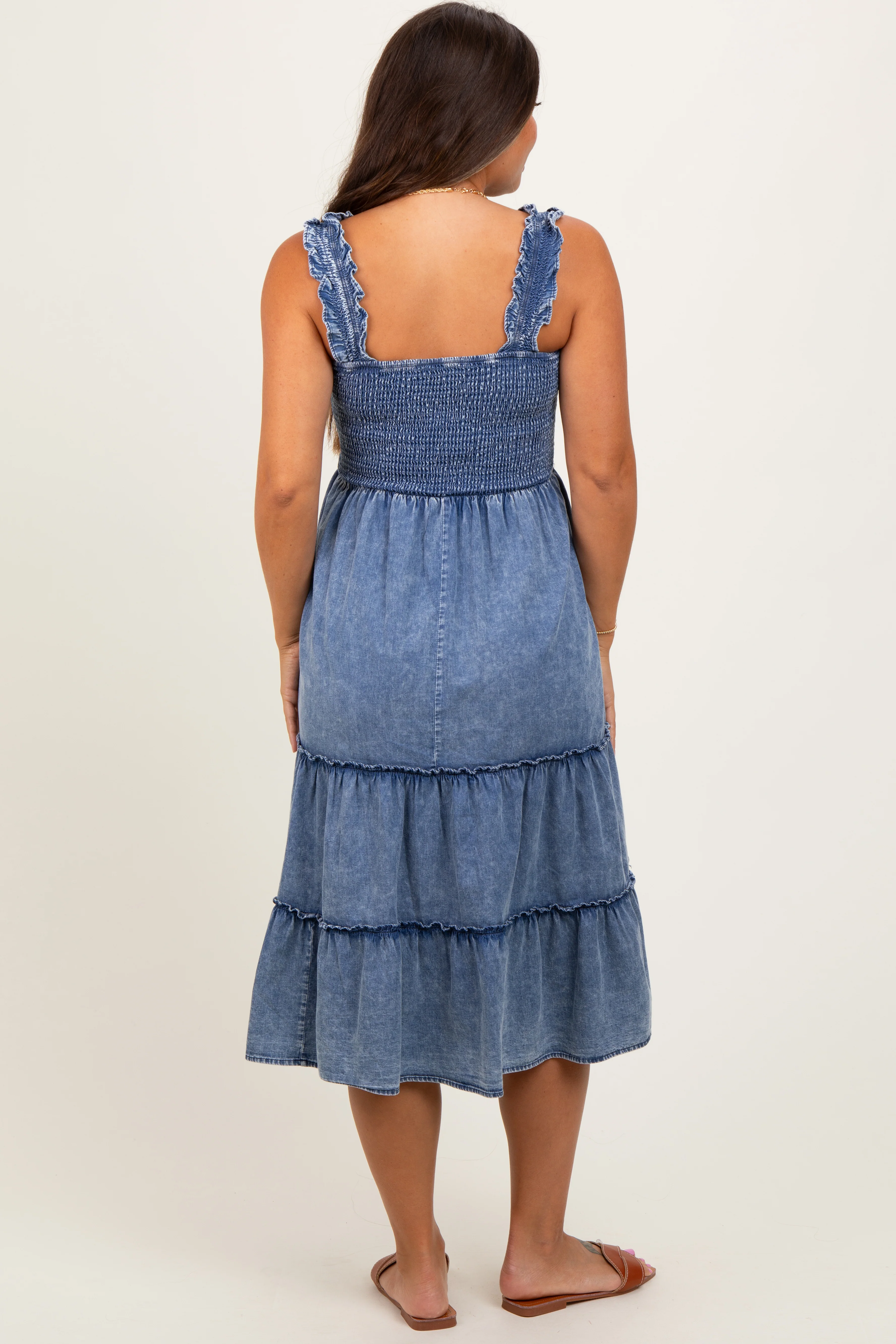 Blue Chambray Smocked Ruffle Tiered Maternity Midi Dress - Image 4
