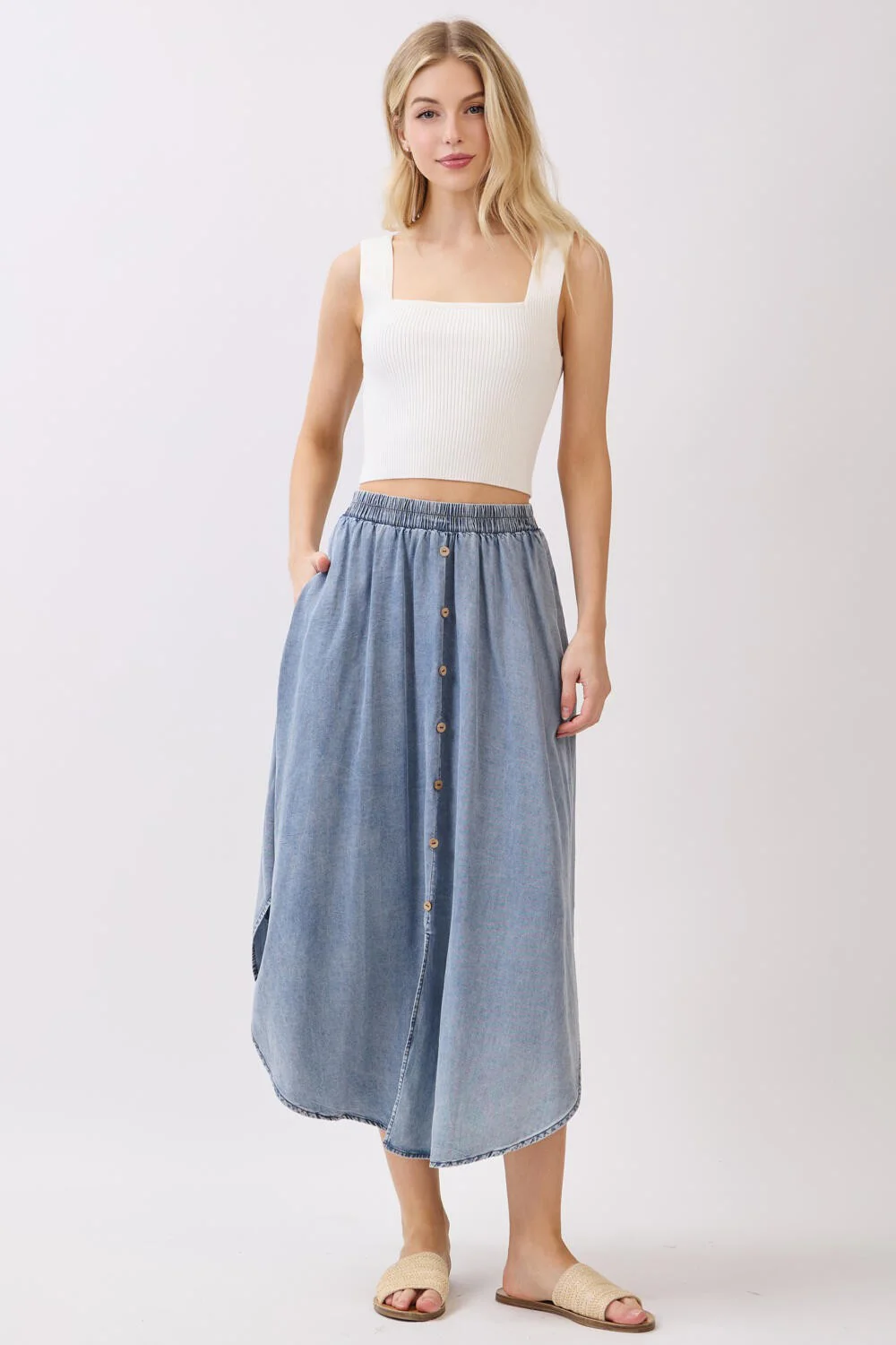 Blue Chambray Tulip Hem Maternity Midi Skirt - Image 5