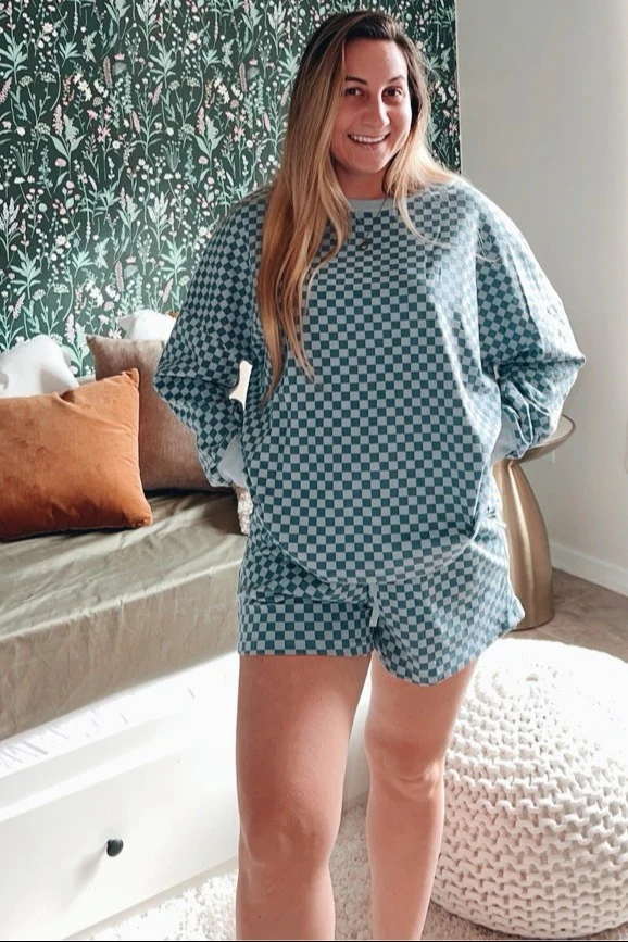 Blue Checkered Plaid Pullover Shorts Maternity Set - Image 7