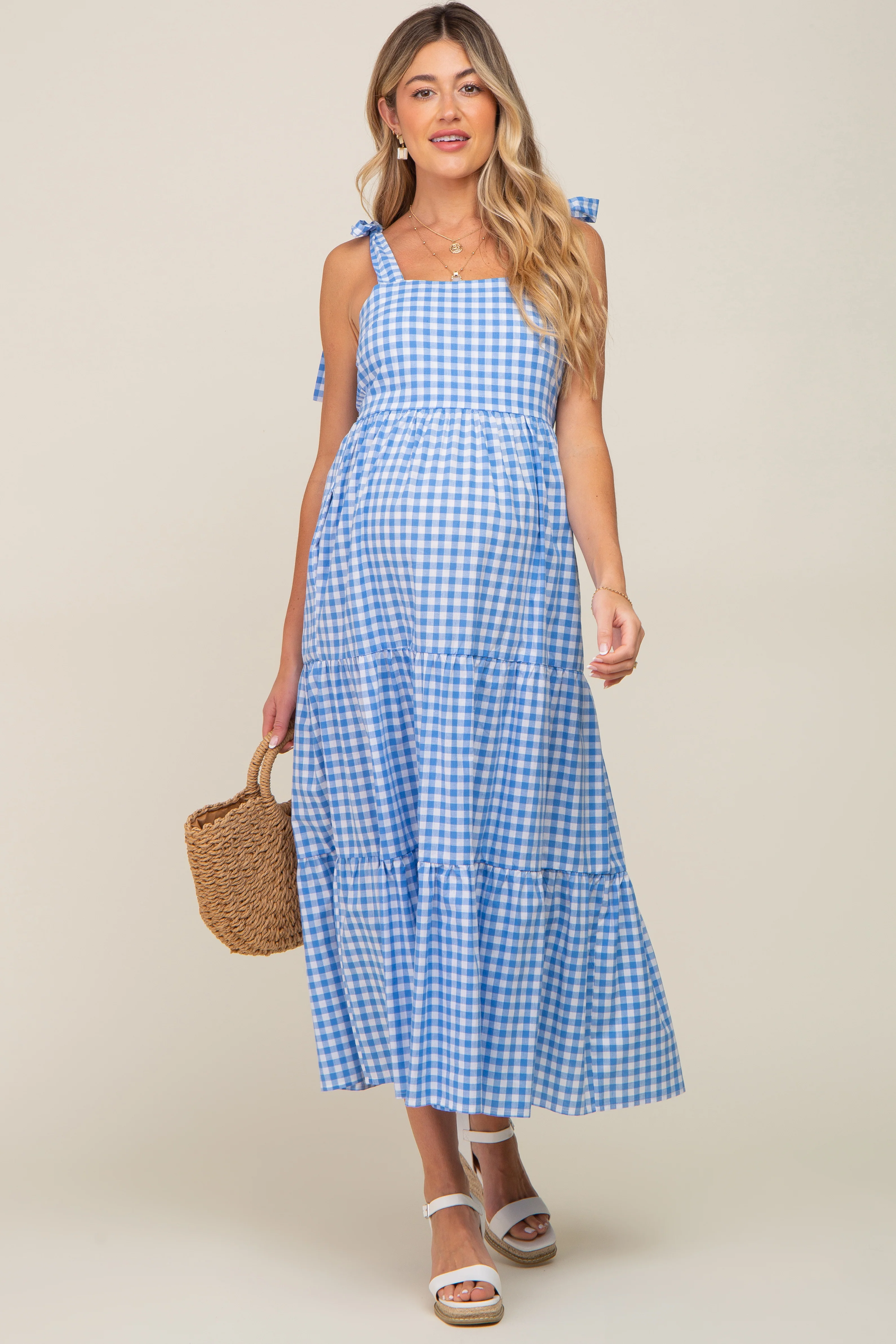 Blue Checkered Sleeveless Tiered Maternity Maxi Dress - Image 5
