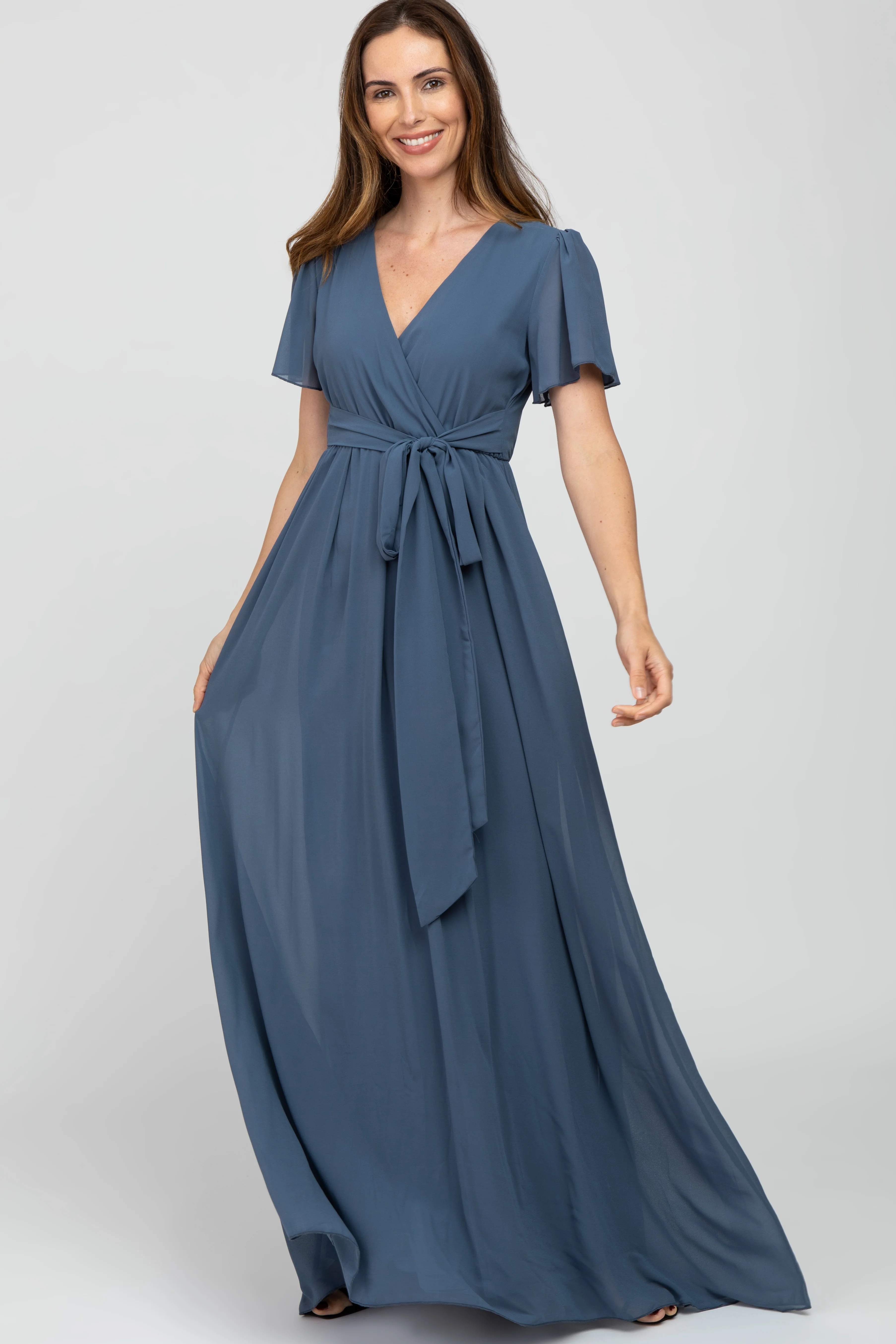Blue Chiffon Short Sleeve Maternity Maxi Dress - Image 4
