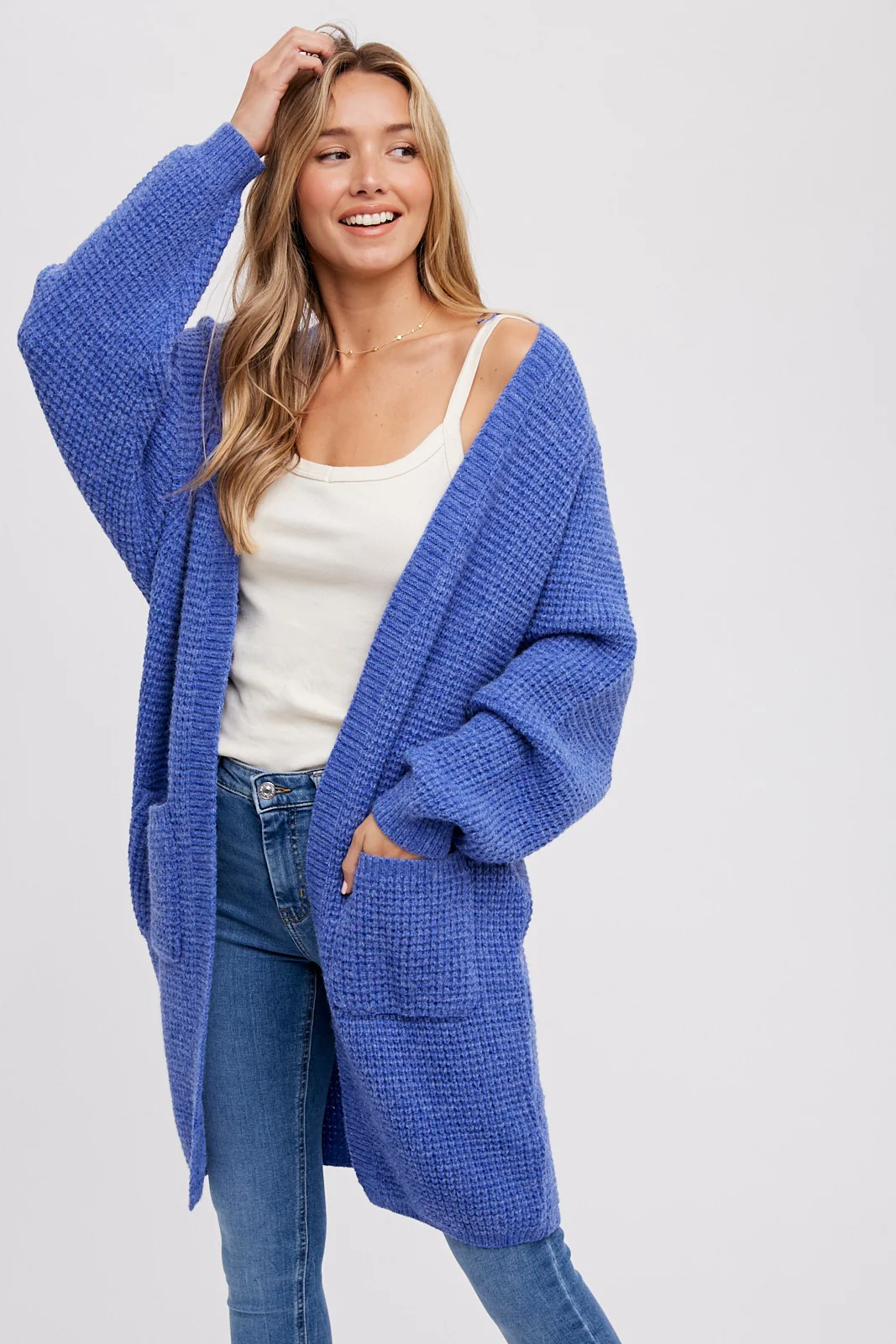 Blue Chunky Waffle Knit Maternity Cardigan - Image 6