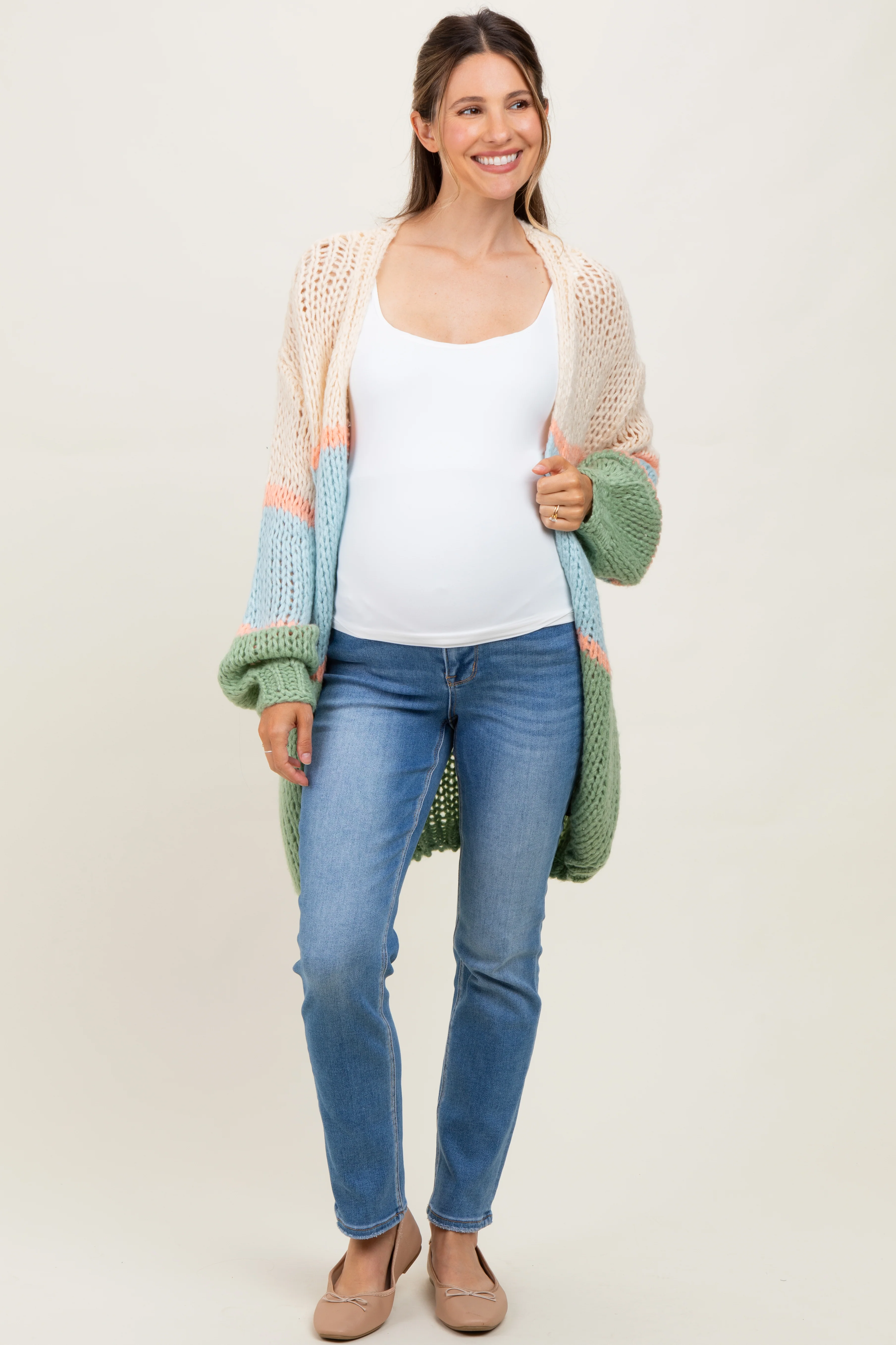 Blue Colorblock Open Knit Maternity Cardigan - Image 3