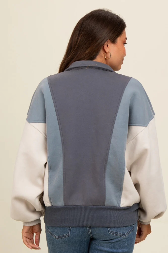 Blue Colorblock Snap Button Maternity Polo Sweatshirt - Image 3