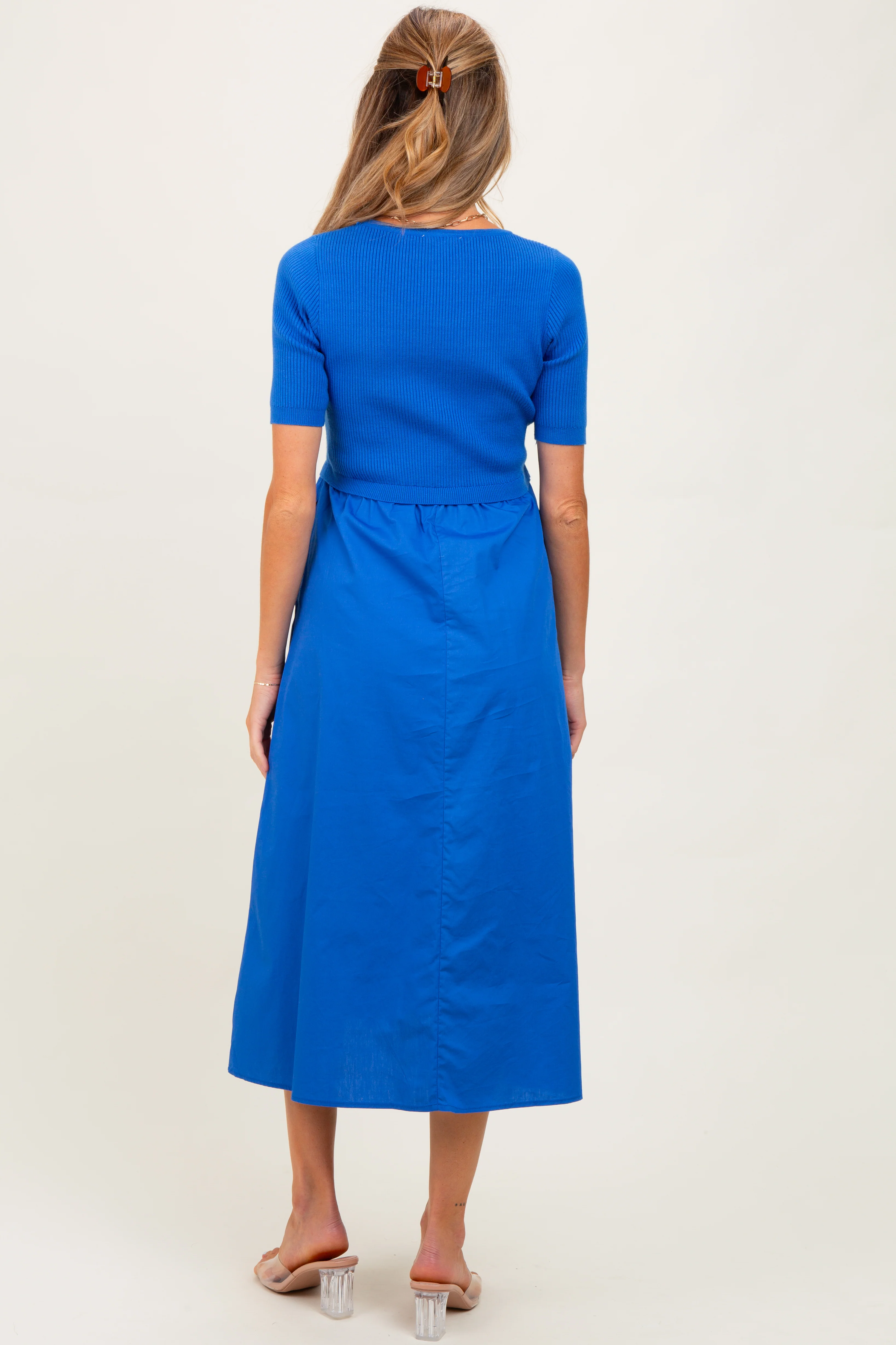 Blue Contrast Knit Top Maternity Midi Dress - Image 4