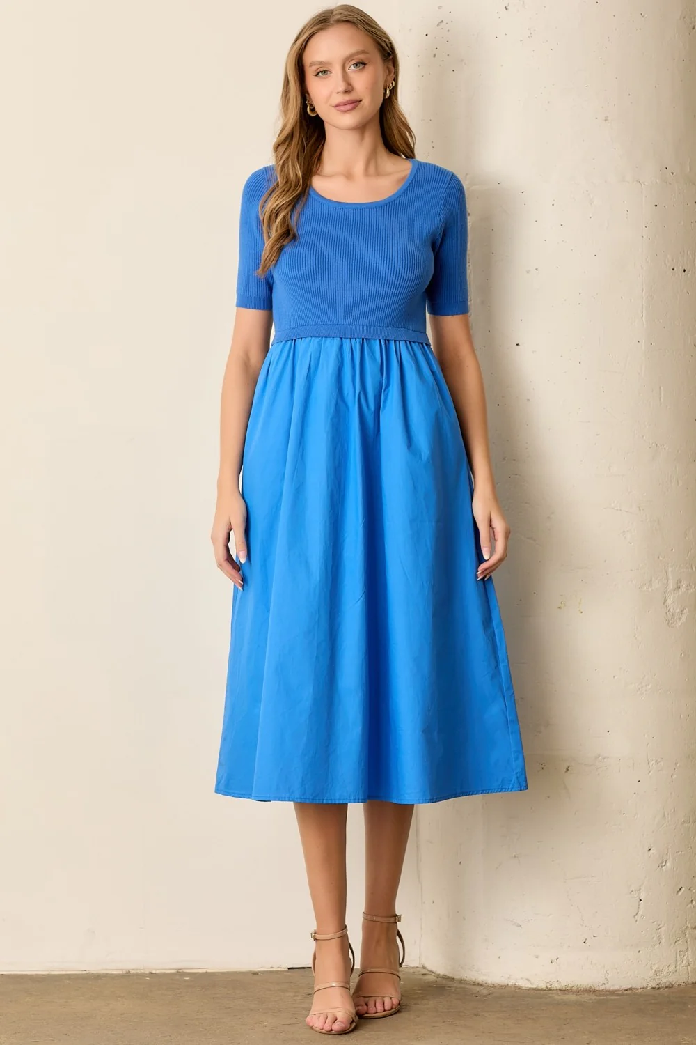 Blue Contrast Knit Top Maternity Midi Dress - Image 5