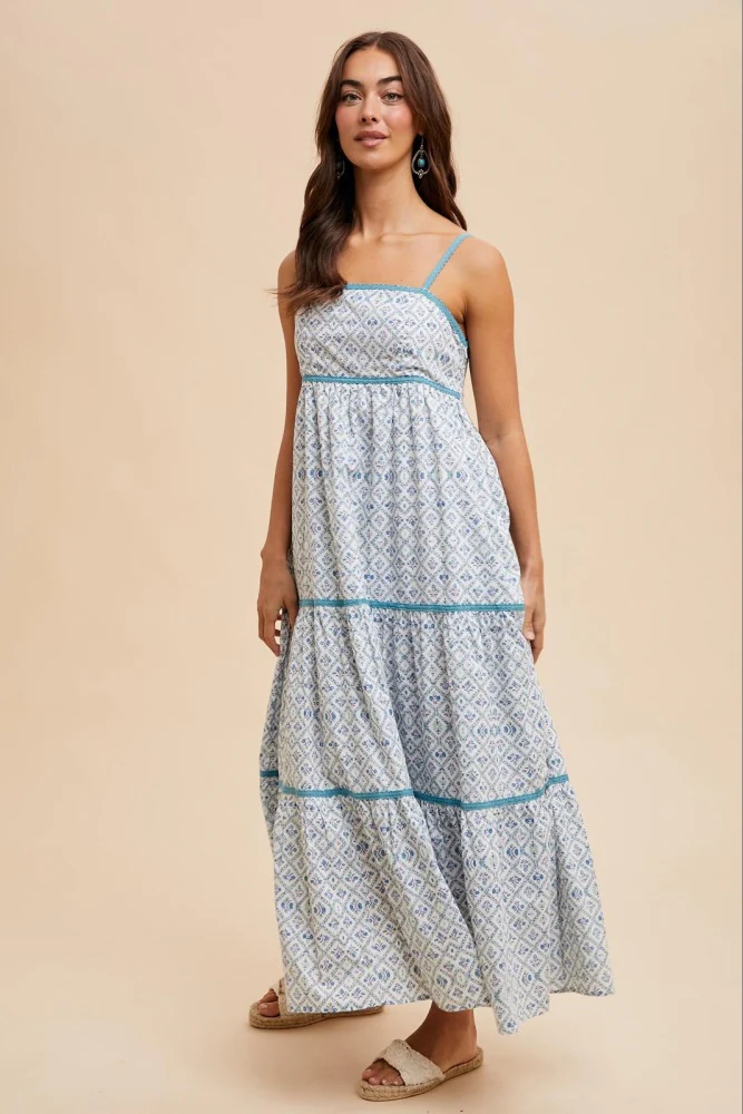 Blue Cotton Floral Maxi Dress - Image 3