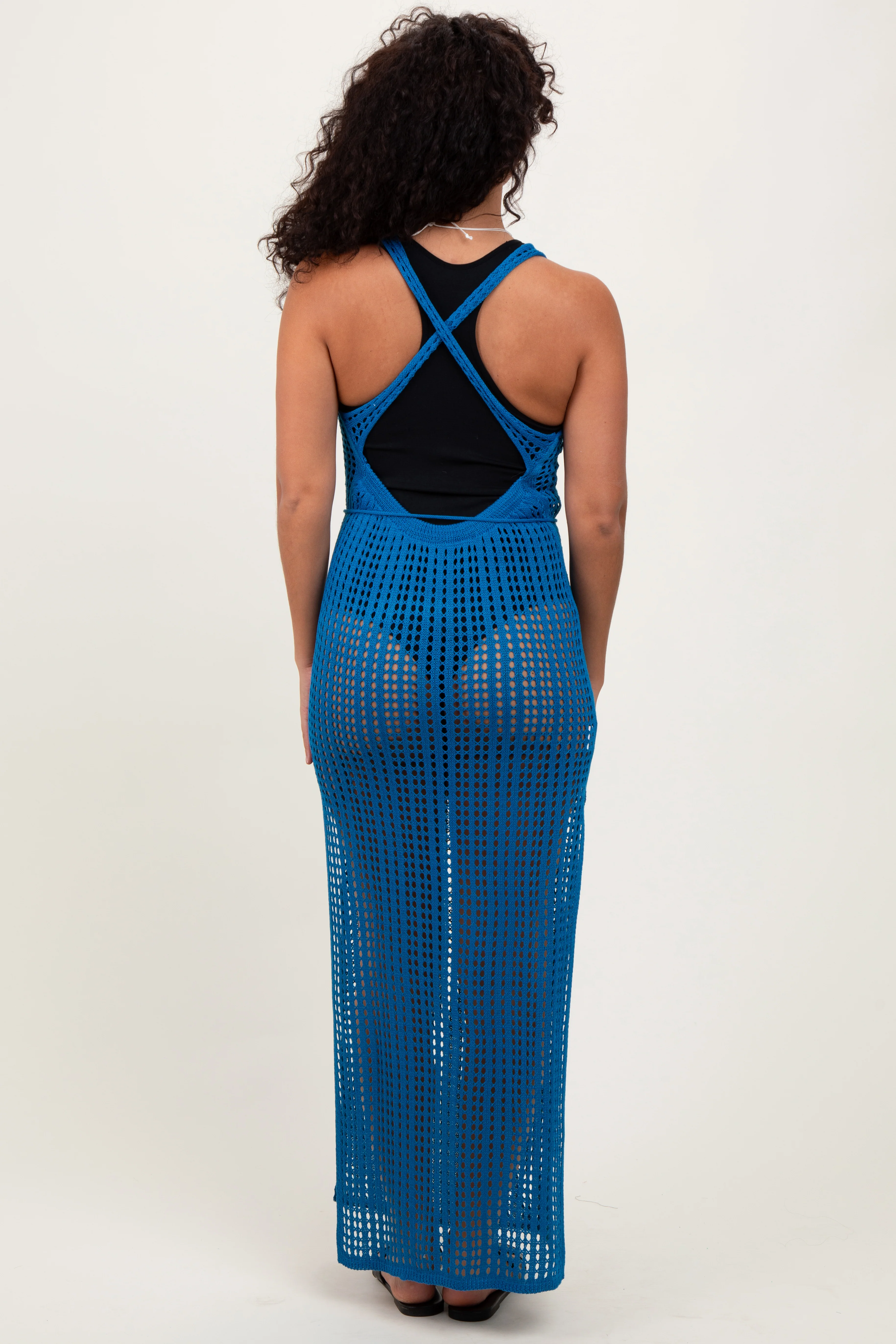 Blue Crochet V-Neck Side Slit Cover Up - Image 4
