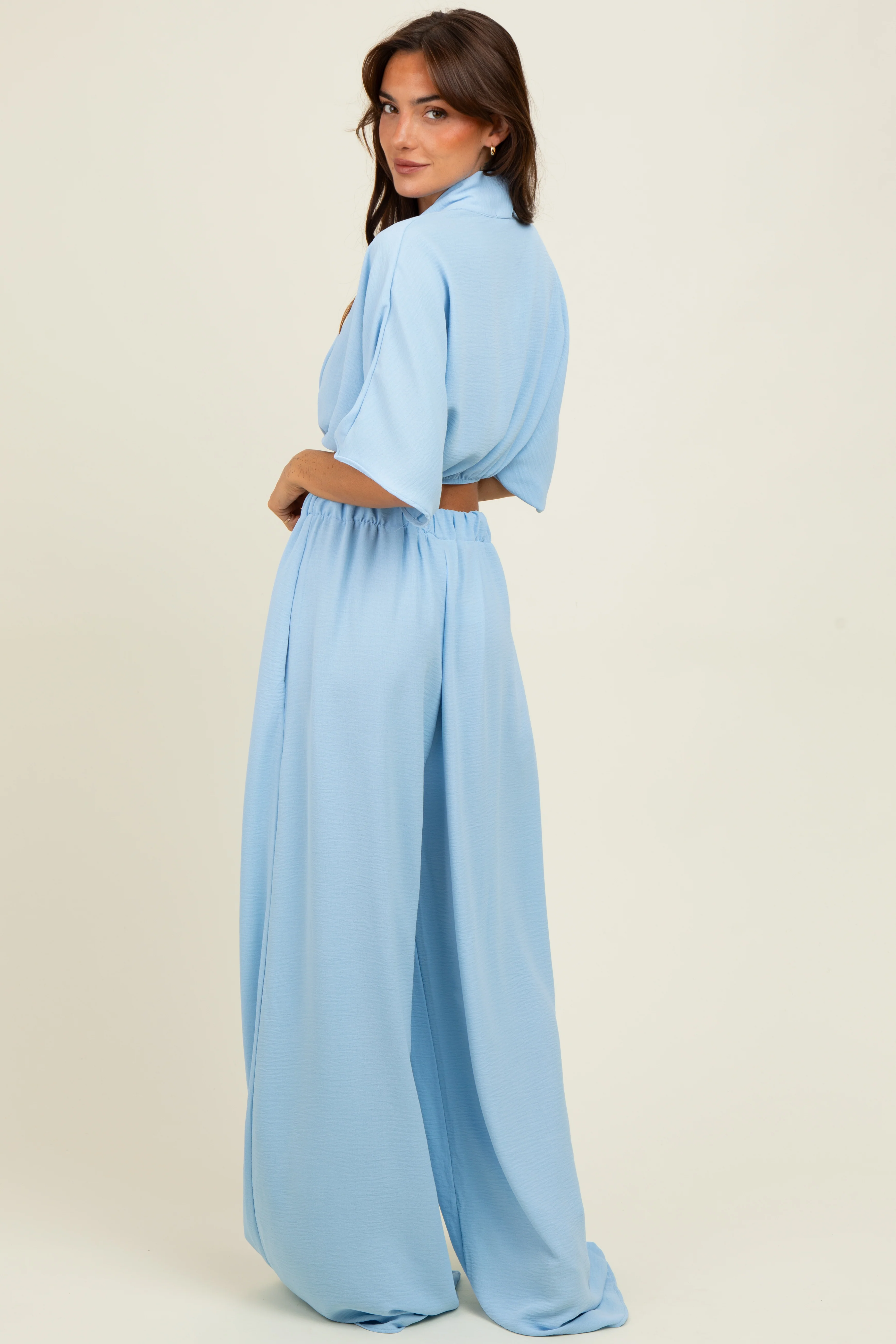 Blue Crop Blouse Wide Leg Pant Set - Image 4