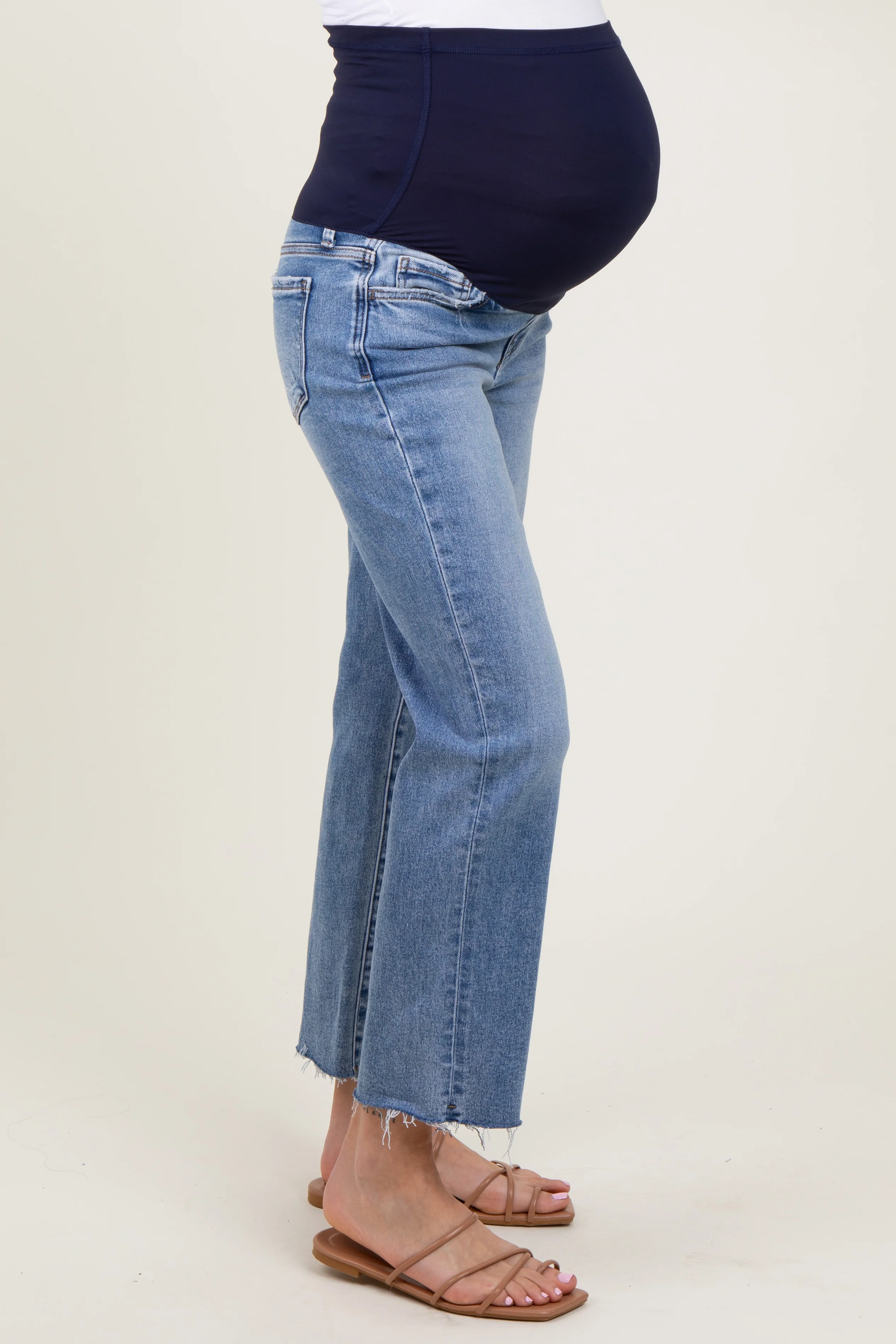 Blue Cropped Raw Hem Straight Leg Maternity Jeans - Image 5