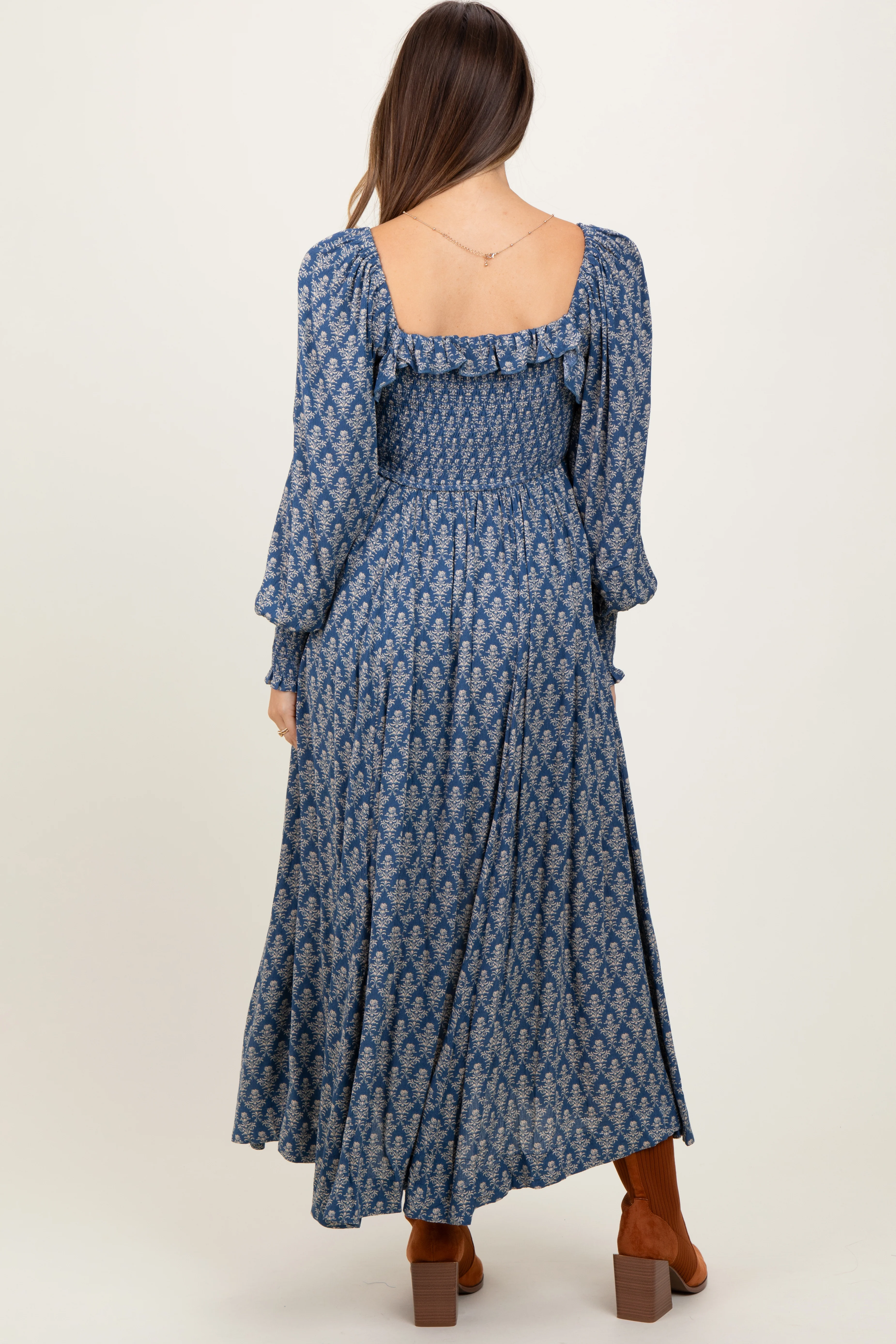 Blue Damask Print Smocked Ruffle Accent Maternity Maxi Dress - Image 4
