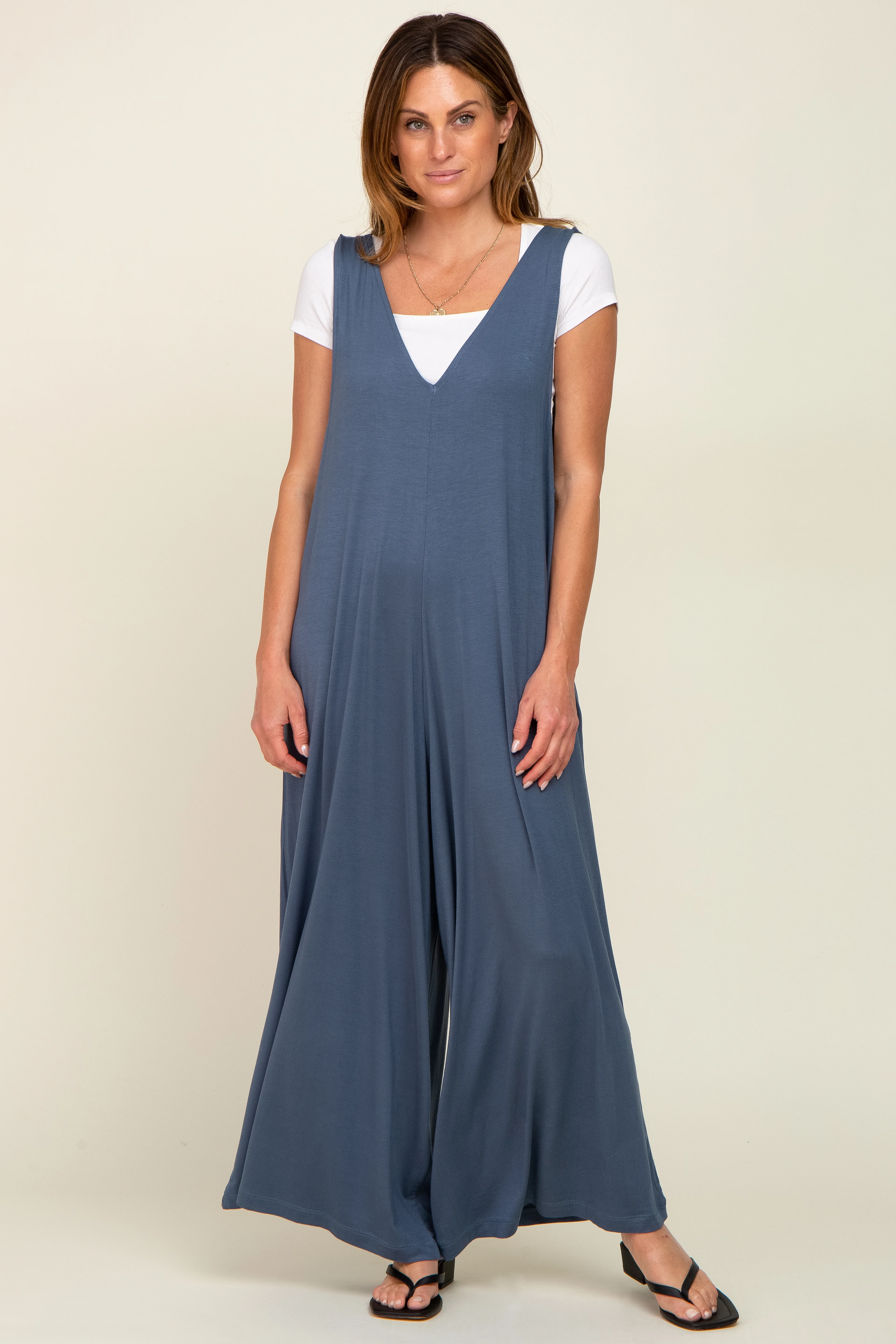 Blue Deep V Sleeveless Wide Leg Maternity Jumpsuit - Image 7