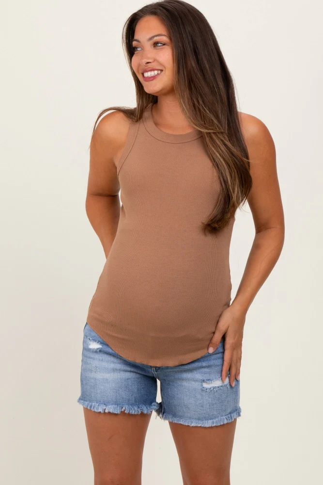 Blue Distressed Fringe Hem Maternity Denim Shorts - Image 2