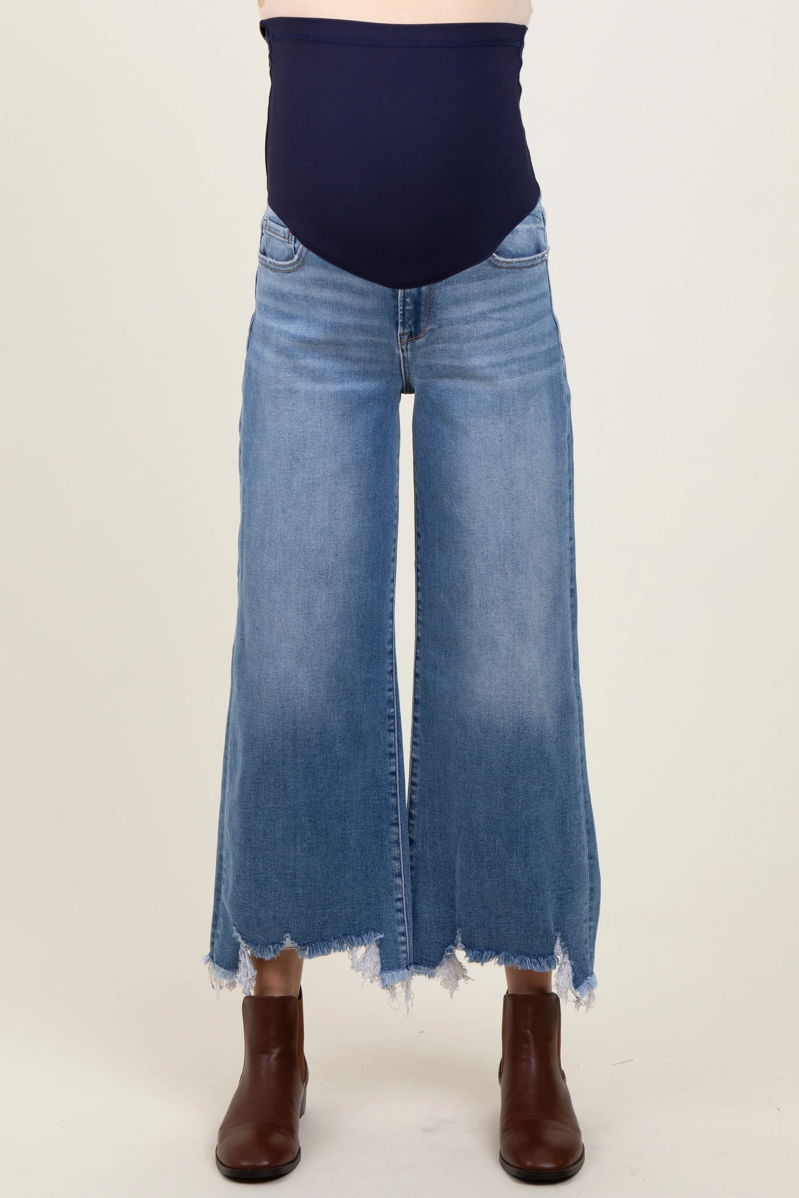 Blue Distressed Hem Cropped Wide Leg Maternity Jeans - Image 3