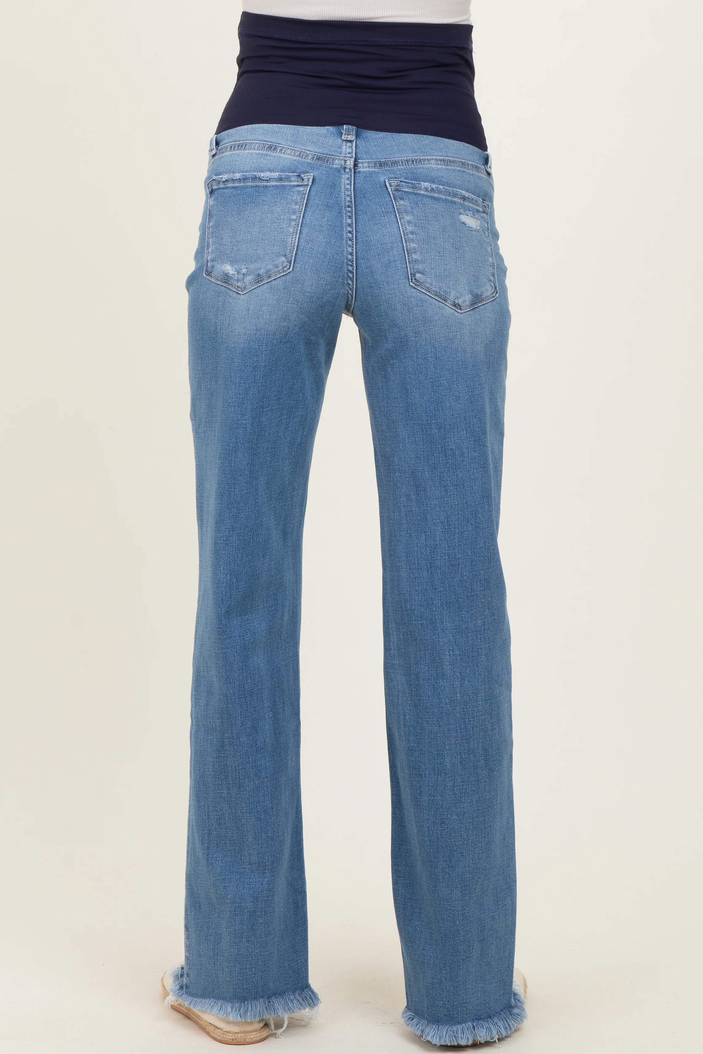 Blue Distressed Open Knee Frayed Hem Wide Leg Maternity Jeans - Image 4