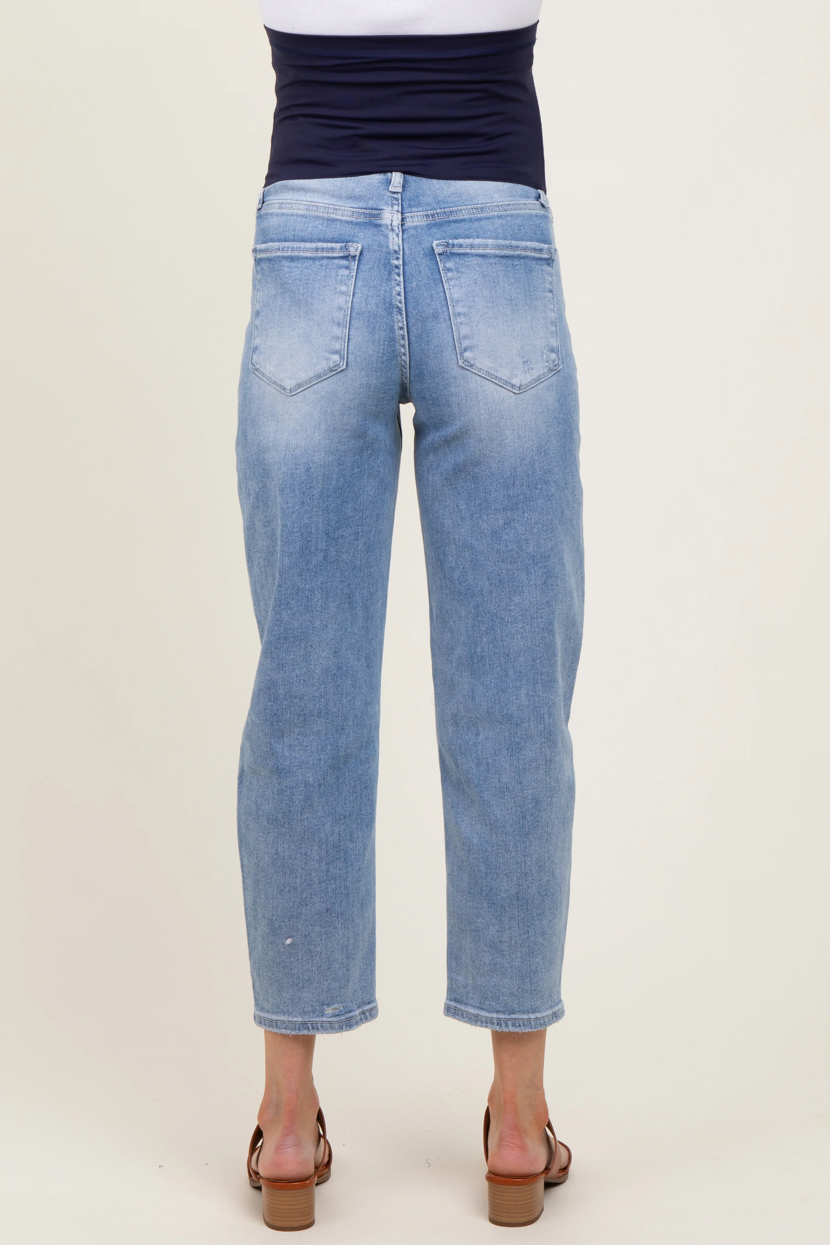 Blue Distressed Open Knee Straight Leg Ankle Maternity Jeans - Image 5