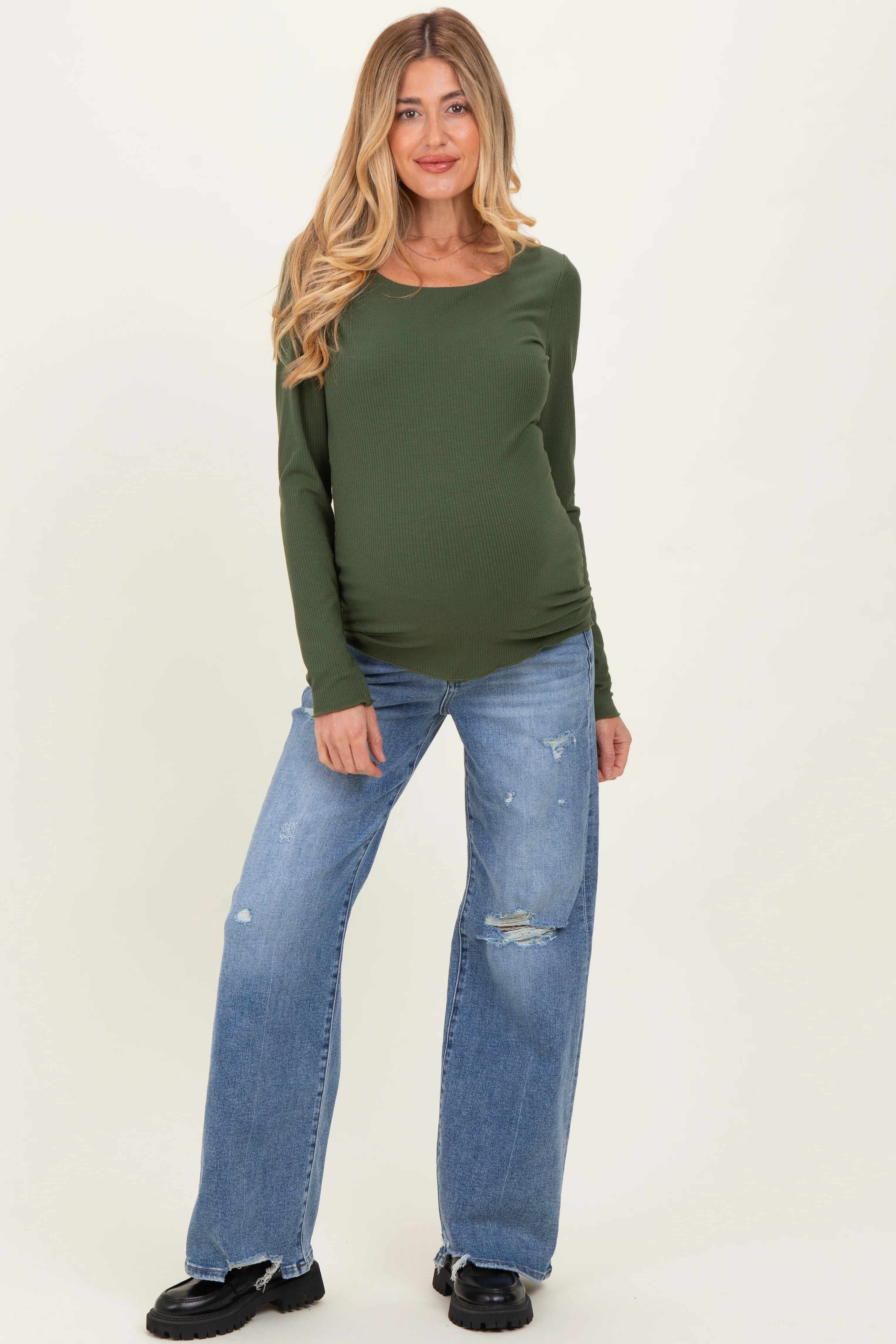 Blue Distressed Open Knee Wide Leg Maternity Jeans - Image 2