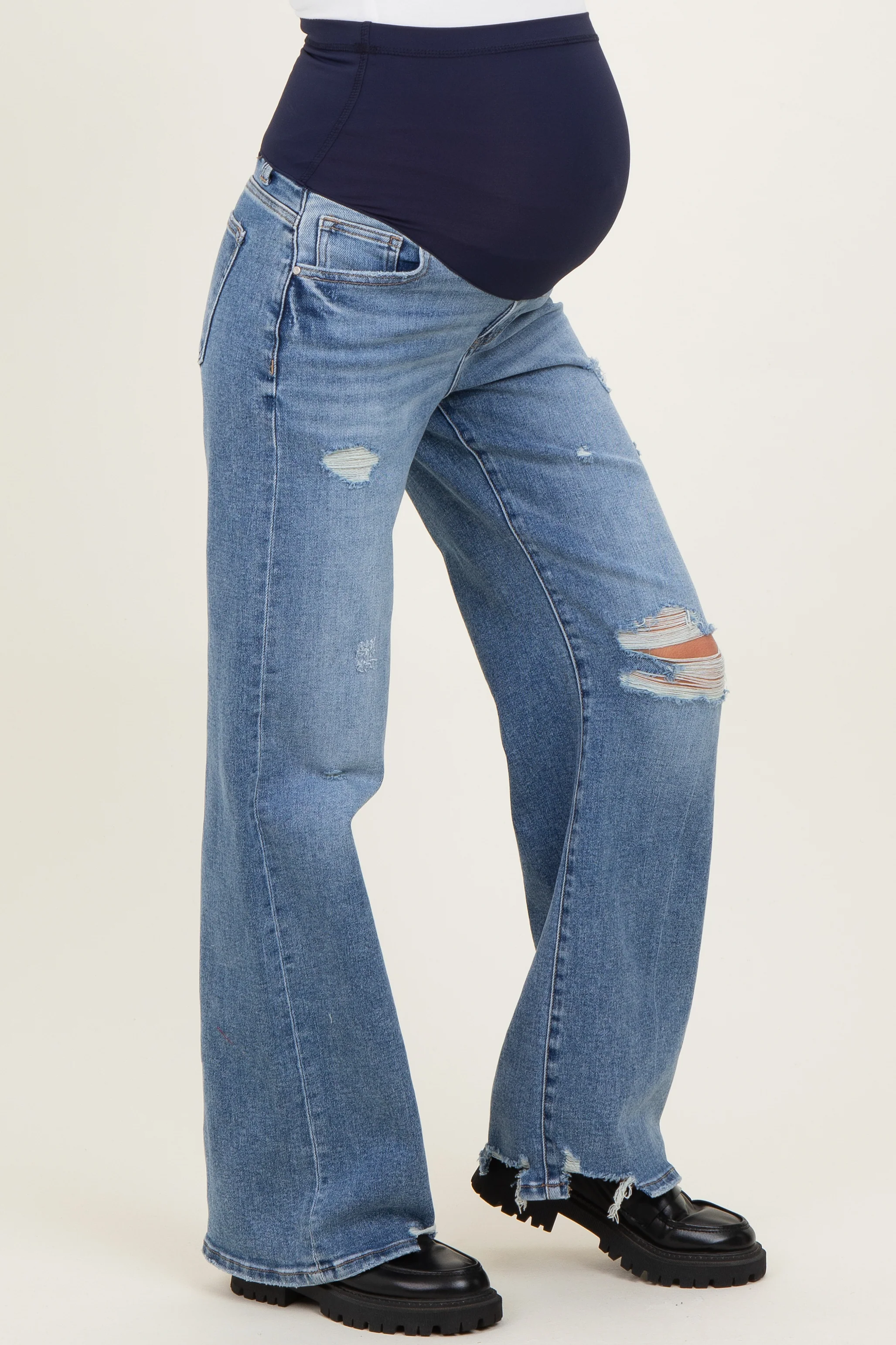Blue Distressed Open Knee Wide Leg Maternity Jeans - Image 4