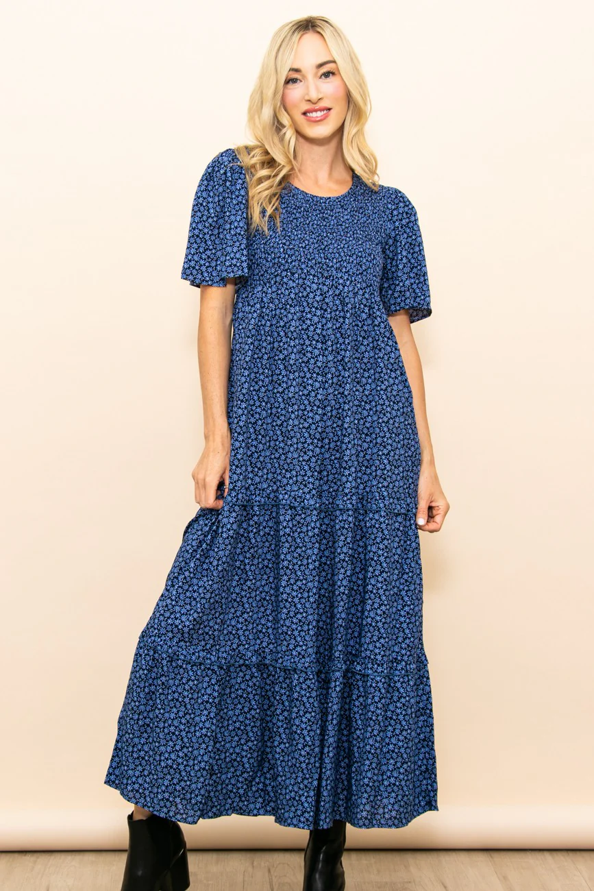 Blue Ditsy Floral Smocked Ruffle Tiered Maternity Midi Dress - Image 4