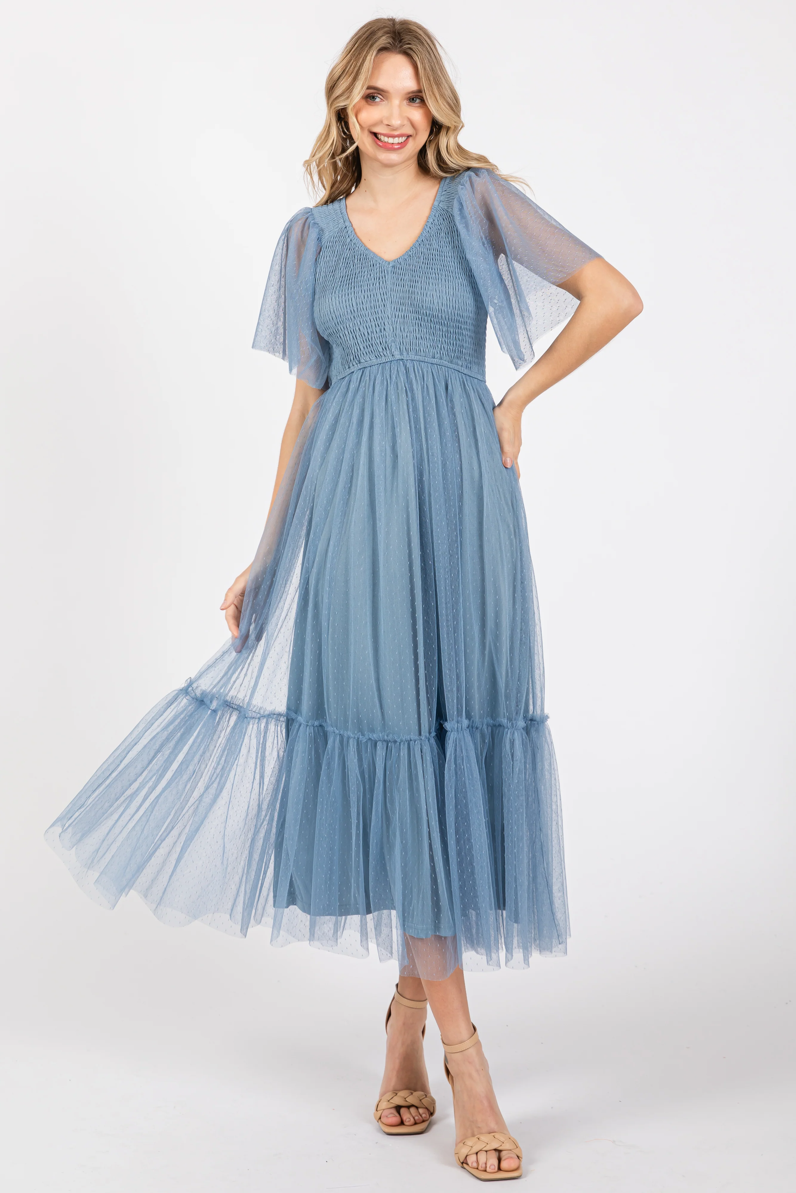 Blue Dotted Tulle Smocked Maternity Midi Dress - Image 6