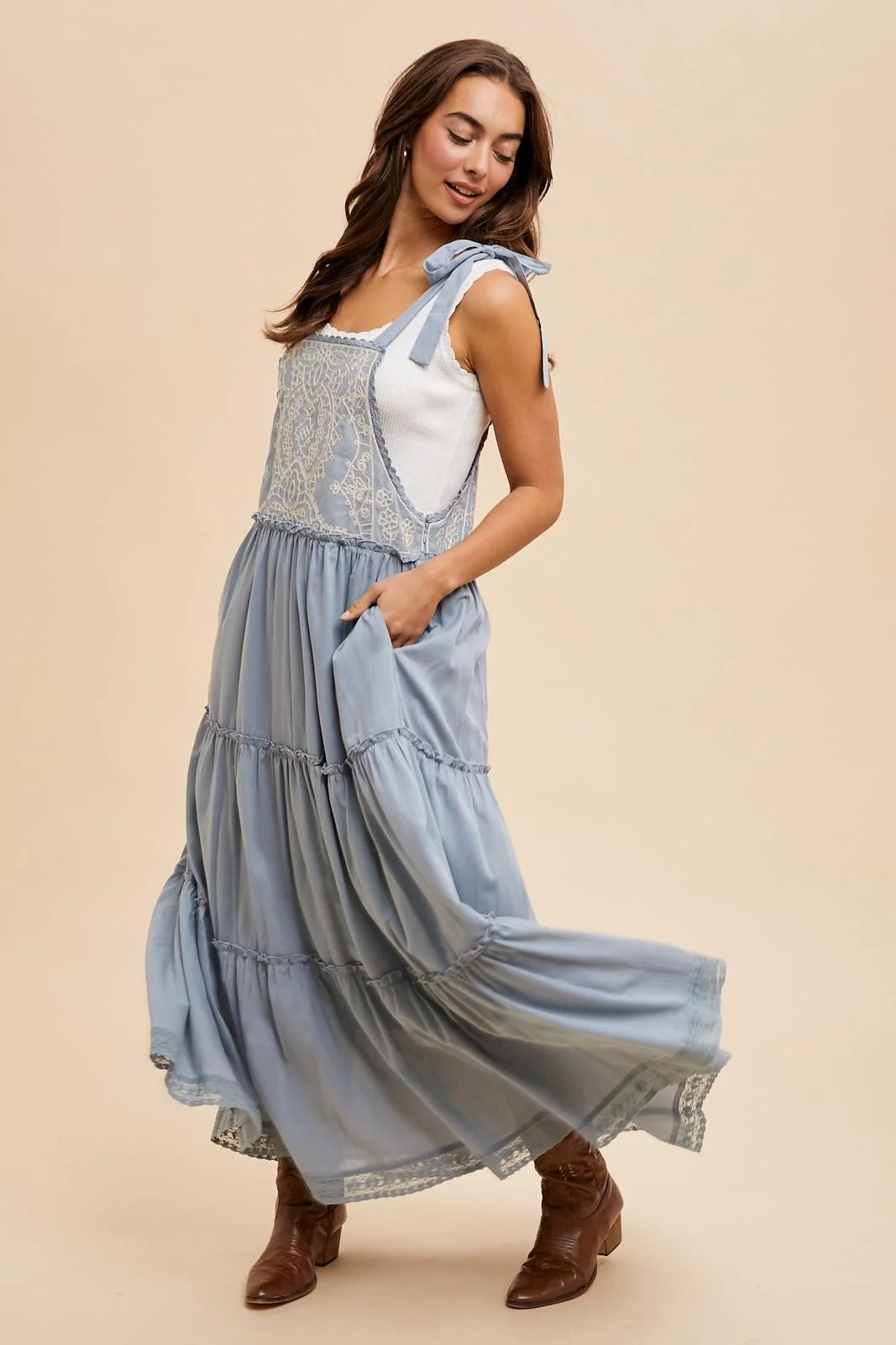 Blue Embroidered Ruffle Tiered Apron Dress - Image 4