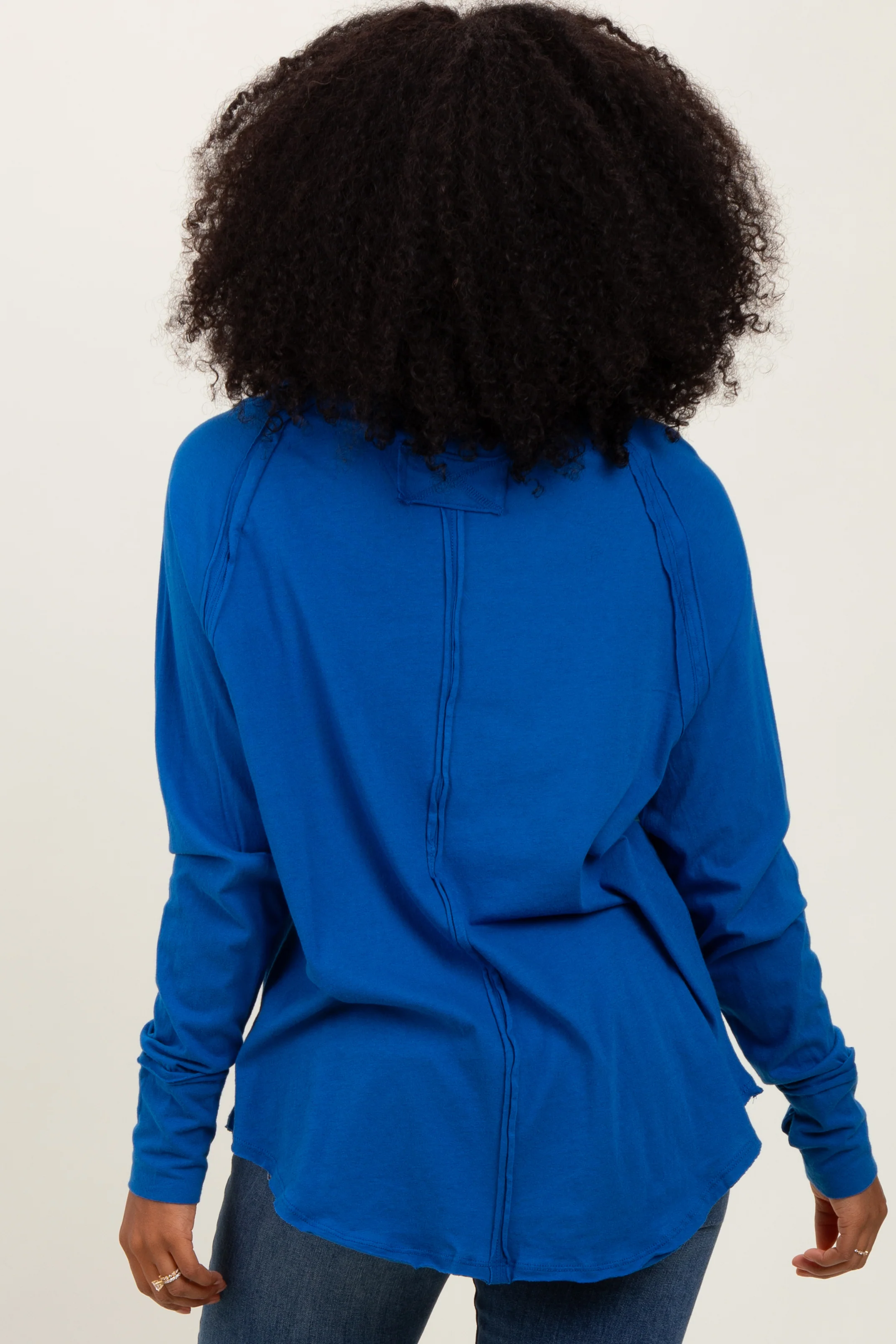 Blue Exposed Seam Thumbhole Long Sleeve Top - Image 4