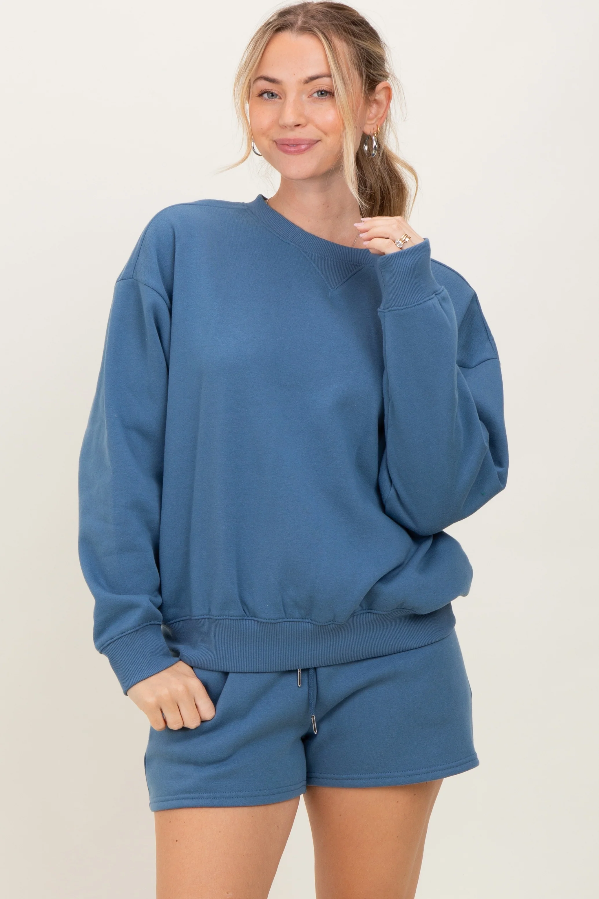 Blue Fleece Sweatshirt Shorts Maternity Set - Image 5