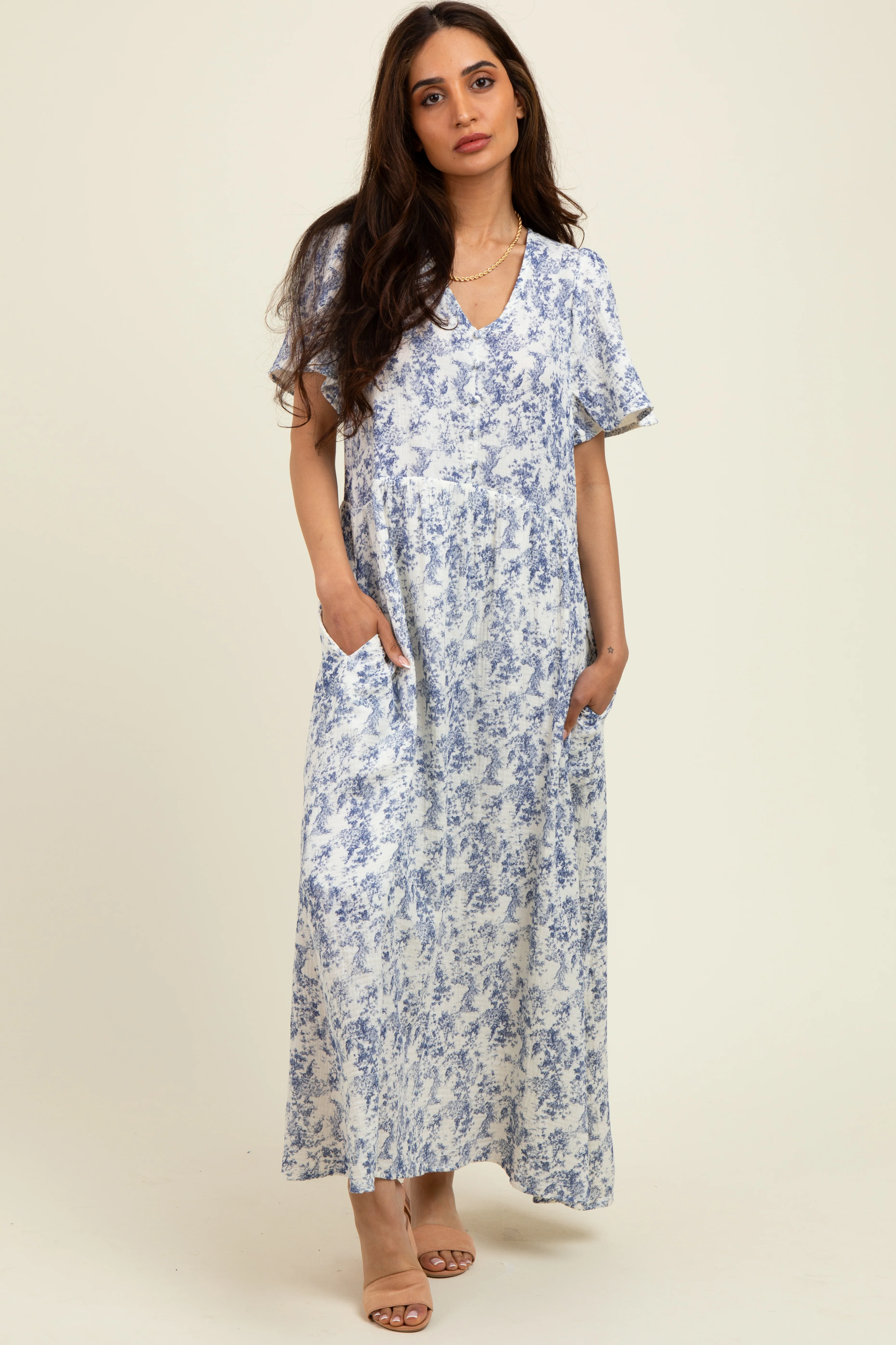 Blue Floral Button Up Tiered Maternity Midi Dress - Image 5
