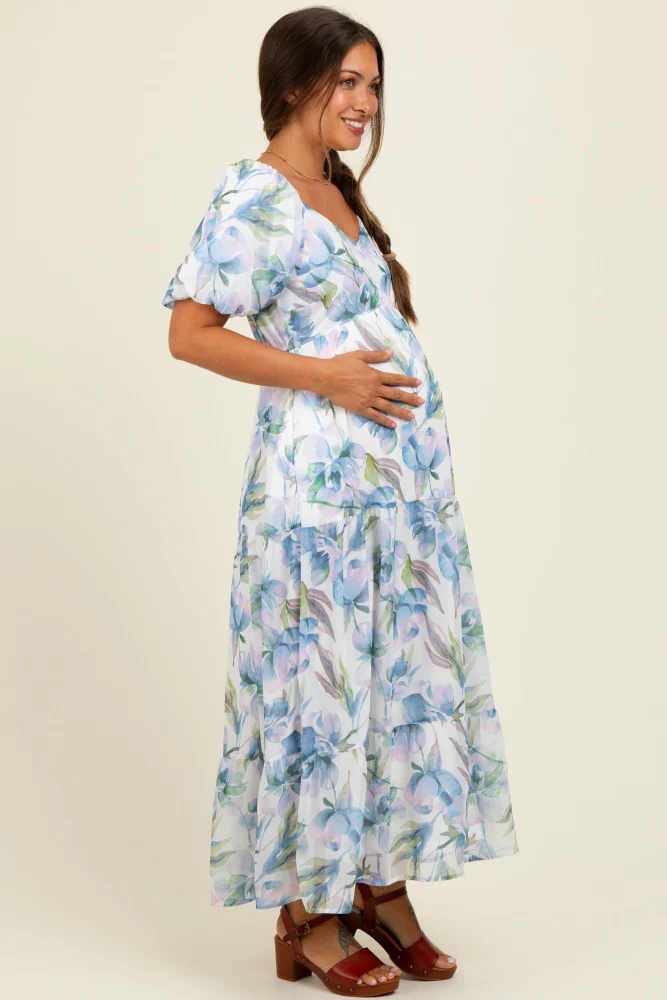 Blue Floral Chiffon Puff Sleeve Maternity Midi Dress - Image 3