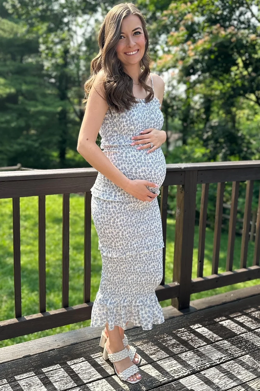 Blue Floral Chiffon Smocked Tiered Square Neck Maternity Midi Dress - Image 10
