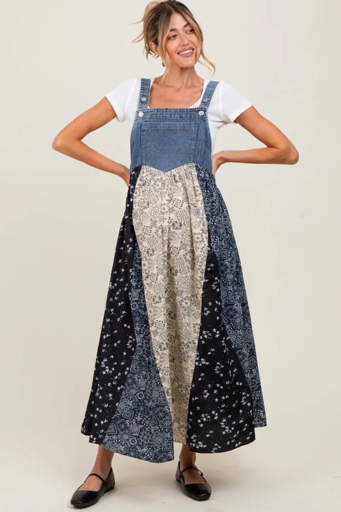 Blue Floral Colorblock Print Denim Contrast Maternity Dress - Image 3