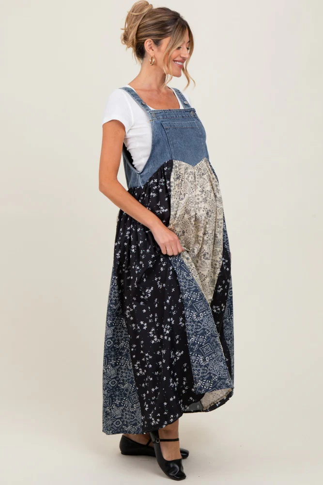 Blue Floral Colorblock Print Denim Contrast Maternity Dress - Image 4