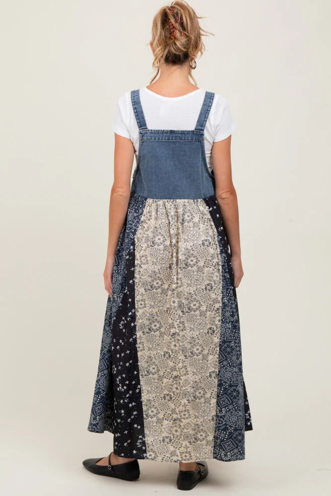 Blue Floral Colorblock Print Denim Contrast Maternity Dress - Image 5